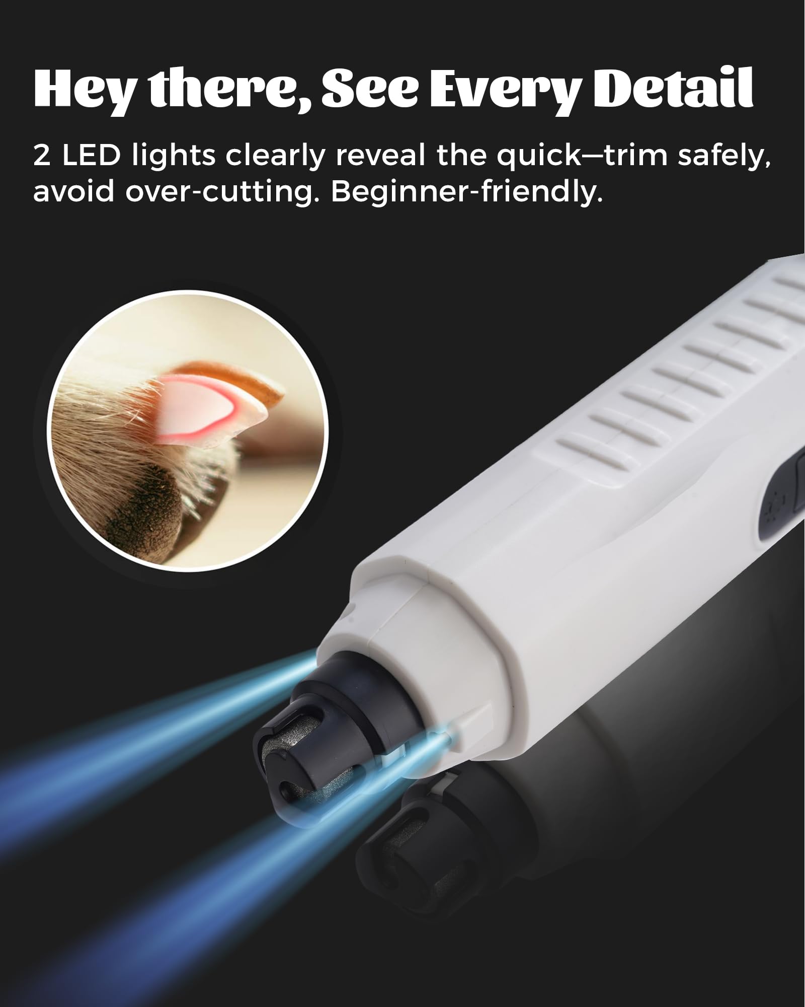 Broyeur à ongles silencieux pour chien 2026 5 vitesses avec double lumières | 45 dB ultra silencieux, limage indolore, capuchon anti-poussière, 1 + 2 têtes de rechange. Sans danger pour toutes les