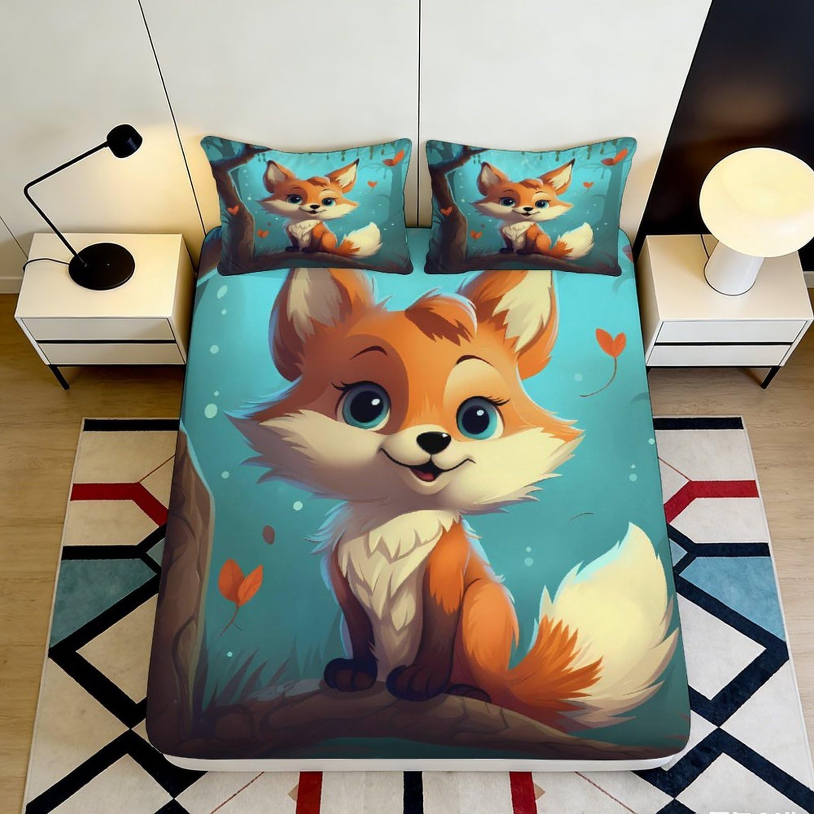 3D Printed Cartoon Fox Fitted Sheet Microfiber Deep Pocket Non-Slip Bedroom Bedding Fox Mattress Fitted Cover for Adults Youth Washable 180x200x25cm