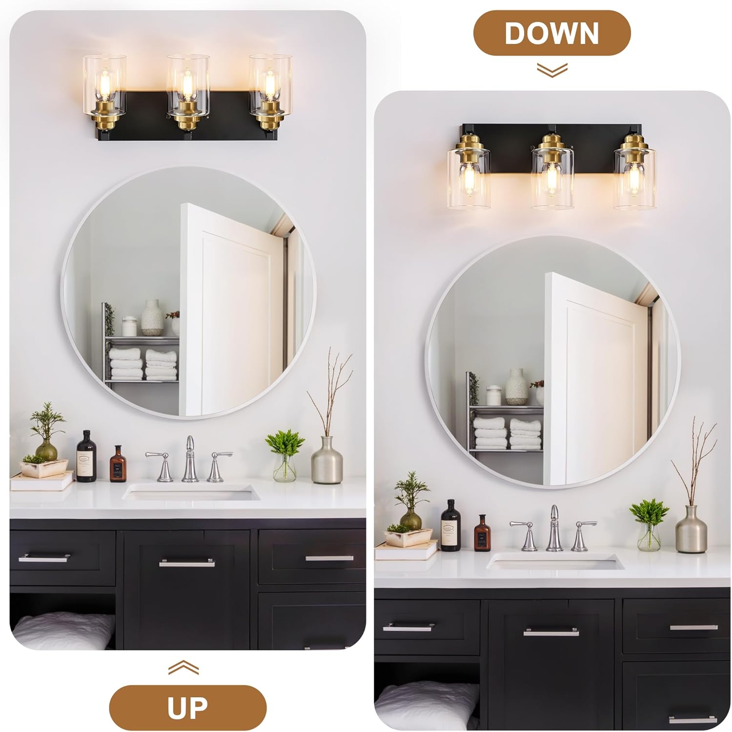 Black and Gold Bathroom Light Fixture, 3 Light Brushed Gold Vanity Light, 18.8" Modern Farmhouse Bathroom Lighting Fixtures Over Mirror, with Clear Glass Shade, Vanity Lights for Bedroom Hallway