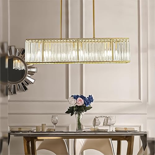 Miniatura 2 de yomay Moderno candelabro rectangular de cristal dorado Candelabros de cristal accesorios de iluminación para comedor isla de cocina