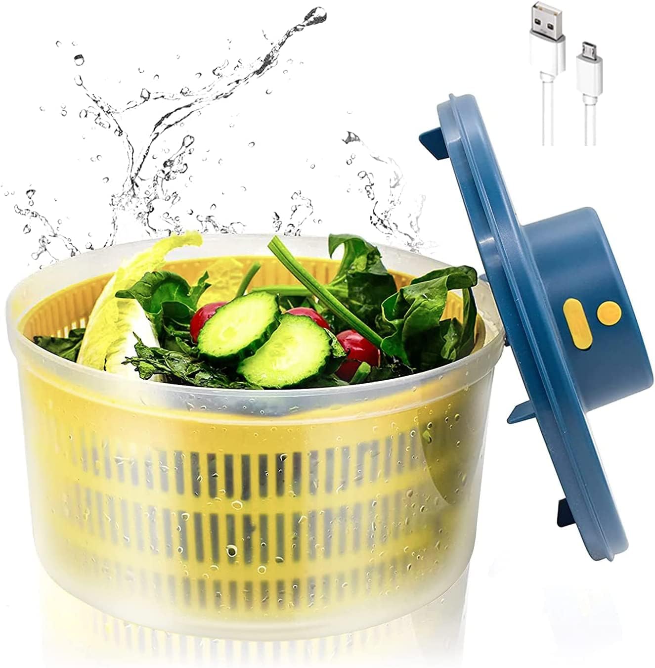 V2COM Electric Salad Spinner 3L Vegetable Washer with Bowl, USB Electric Chargeable, Lettuce Cleaner and Dryer - Easy Water Drain System and Compact Storage, BPA Free and Easy to Use