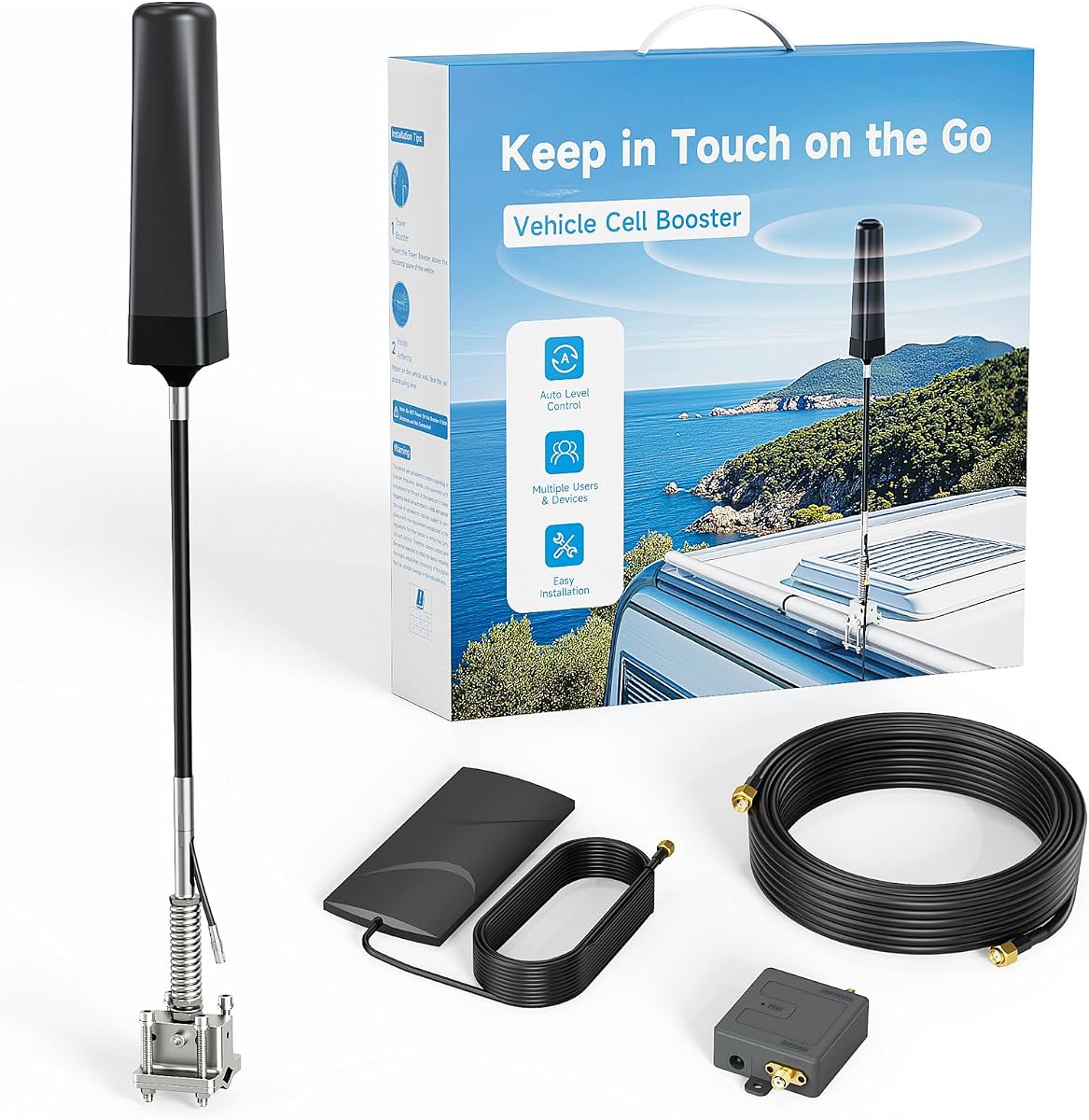 Potenciador de teléfono celular para camiones, vehículos recreativos, SUV y vehículos todoterreno | Todos los transportistas de EE. UU. | Pérdida de señal cero, recepción en torre de 360° | Potenciador todo en uno con antena exterior incorporada | Aprobado por la FCC