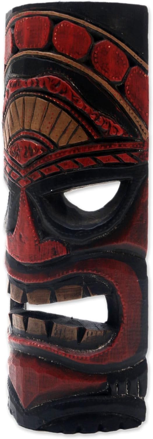 NOVICA Artisan Handcarved Wood Mask Papua Style Black Red Indonesia Masks Cultural Halloween [11.5in L x 5in W x 2.4in D] ' Papua Pride Ii'
