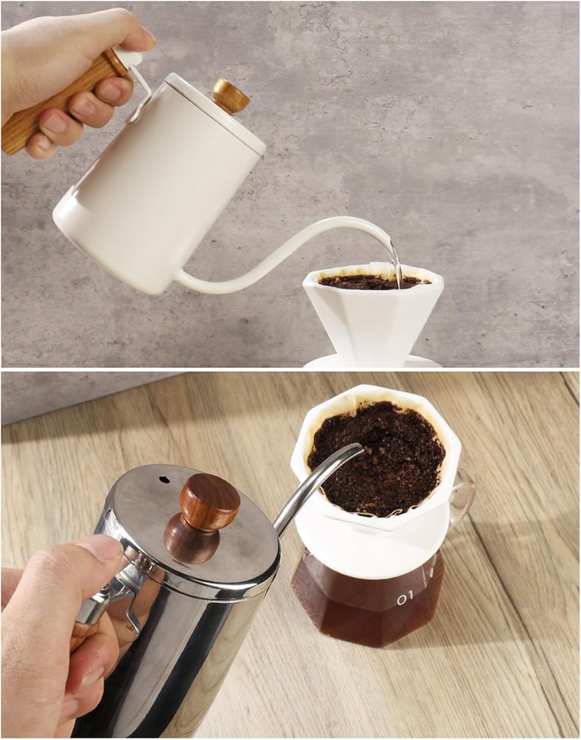 Premium 304 Stainless Steels Coffee Pouring Kettle with Wooden Handle 600ml Capacity for Home Brewing and Outdoor