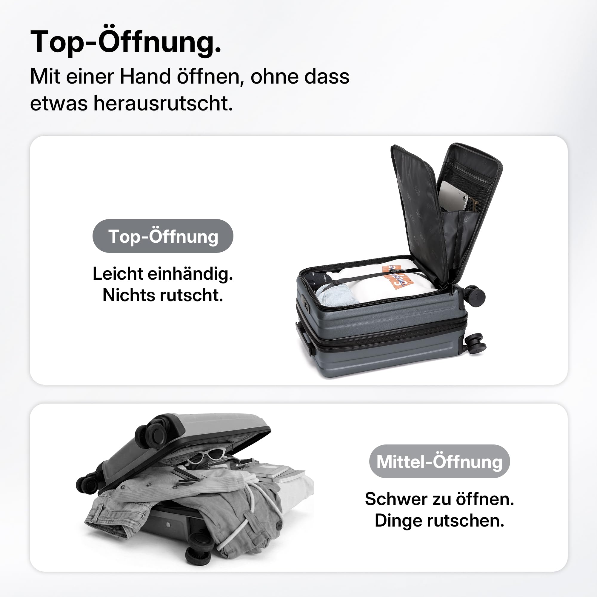 Münicase Handgepäck Koffer M 50 cm mit Laptopfach, Businessgrey | Oberseiten-Zugriff, Erweiterbar, Kompressionsgurt, Kratzfest, Leichtgewicht, Außenmaße 50 x 35 x 23 cm