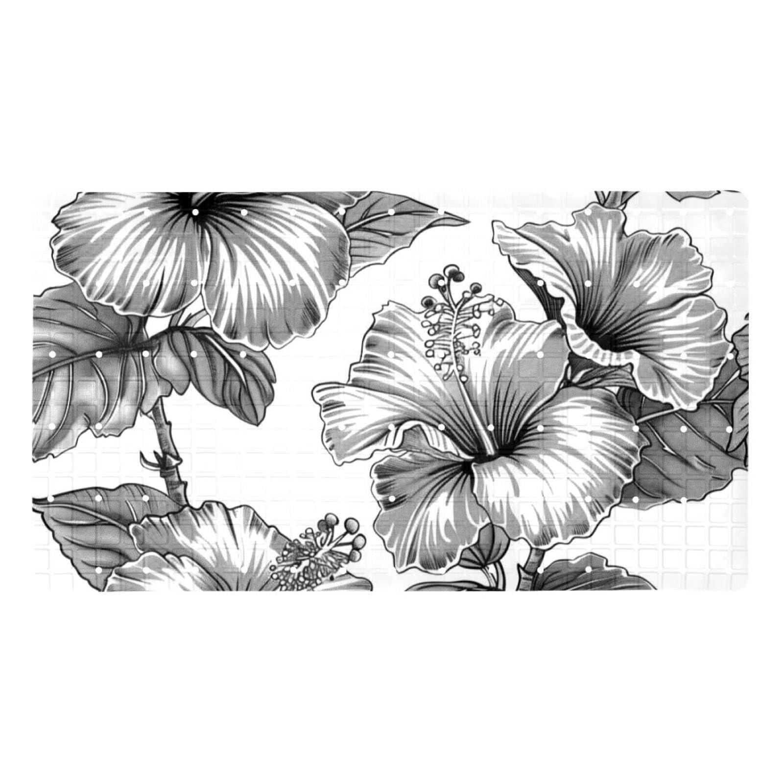 Tapis de bain extra long motif hibiscus foncé, revêtement durable et facile à nettoyer.