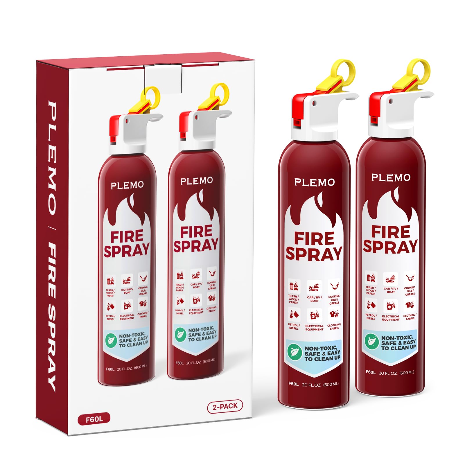 PLEMO Fire Extinguisher for Home, All-in-1 Fire Extinguisher for Car, Kitchen, RV, Garage, Truck, and Camping, Fire Spray Cold-Resistant, F60L, 2-Pack