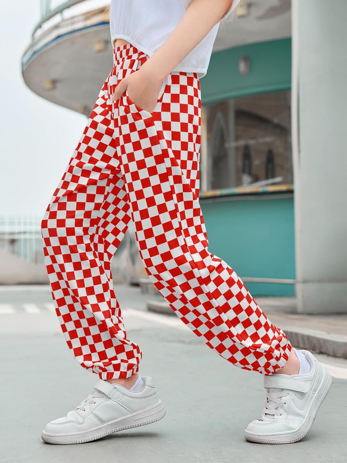 Haloumoning Girls Plaid Pants Kids Elastic Waist Jogger Pants Lightweight Bottoms with Pockets 5-14 Years - Image 2