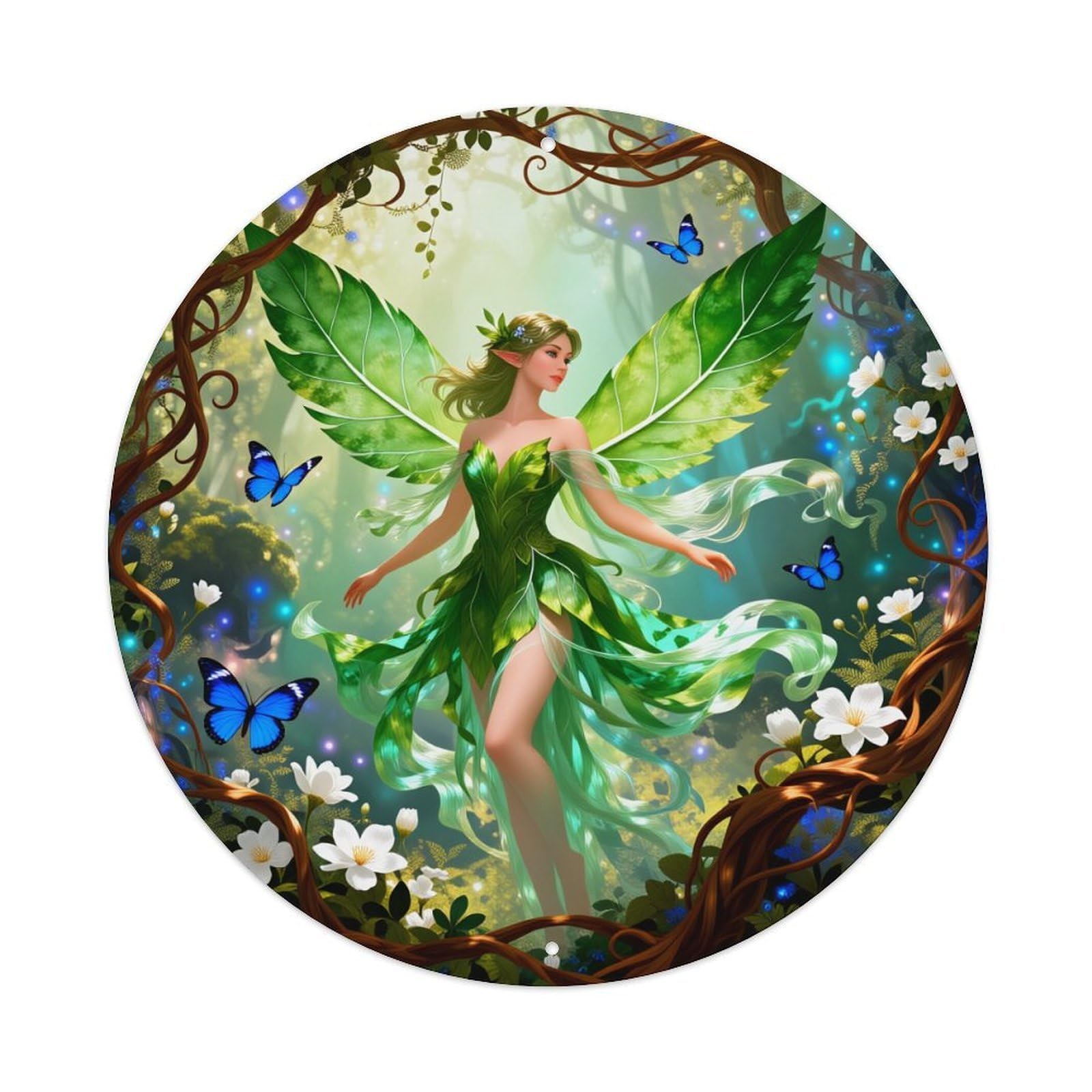 Fairy With Leaf Wings And Butterflies In Forest Round Vintage Tin Sign,Retro Wall Art,Metal Poster for Home, Bar, Garage, Cafe, Rustic Indoor & Outdoor Decor, 8x8 Inches