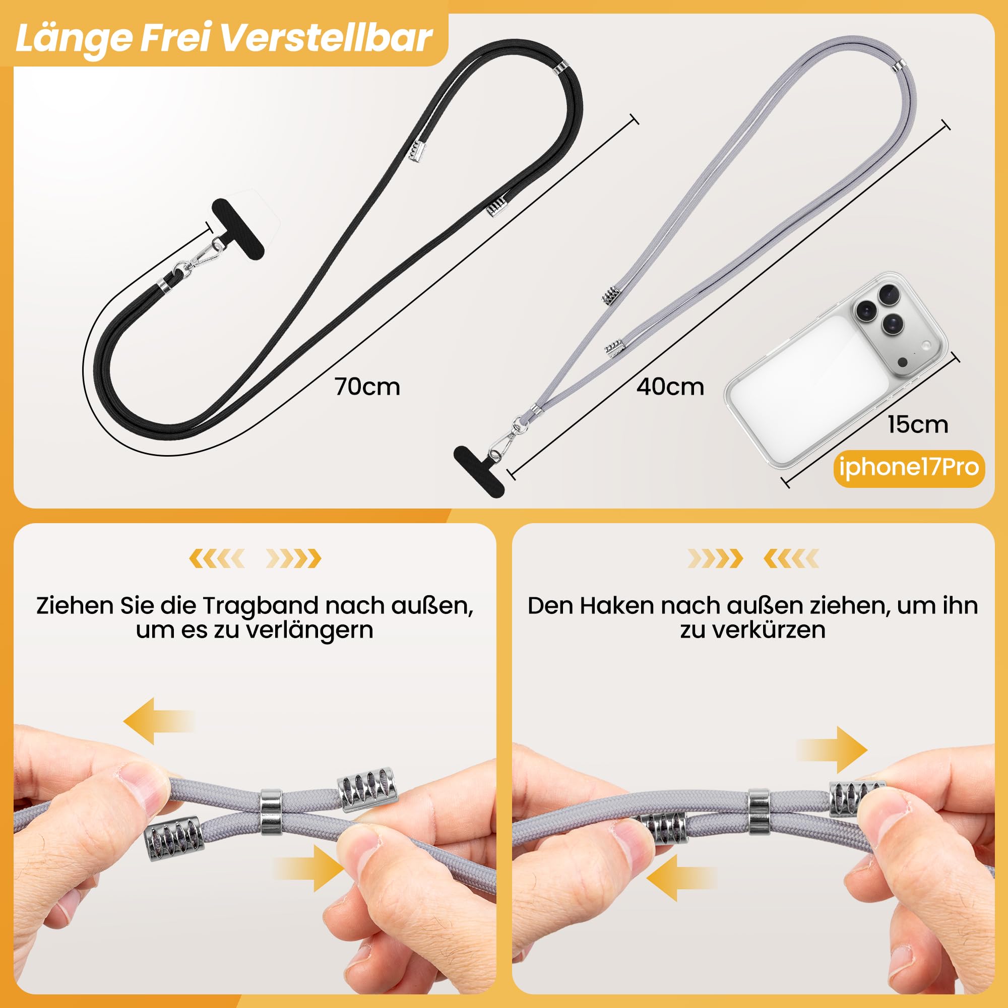 2 Stück Handyband Zum Umhängen und 4 Stück Handy Bänd Patch,Nylon handykette universal zum Umhängen kompatibel mit Alle Smartphones,Verstellbar Handy Umhängeband,Schwarz und Grau