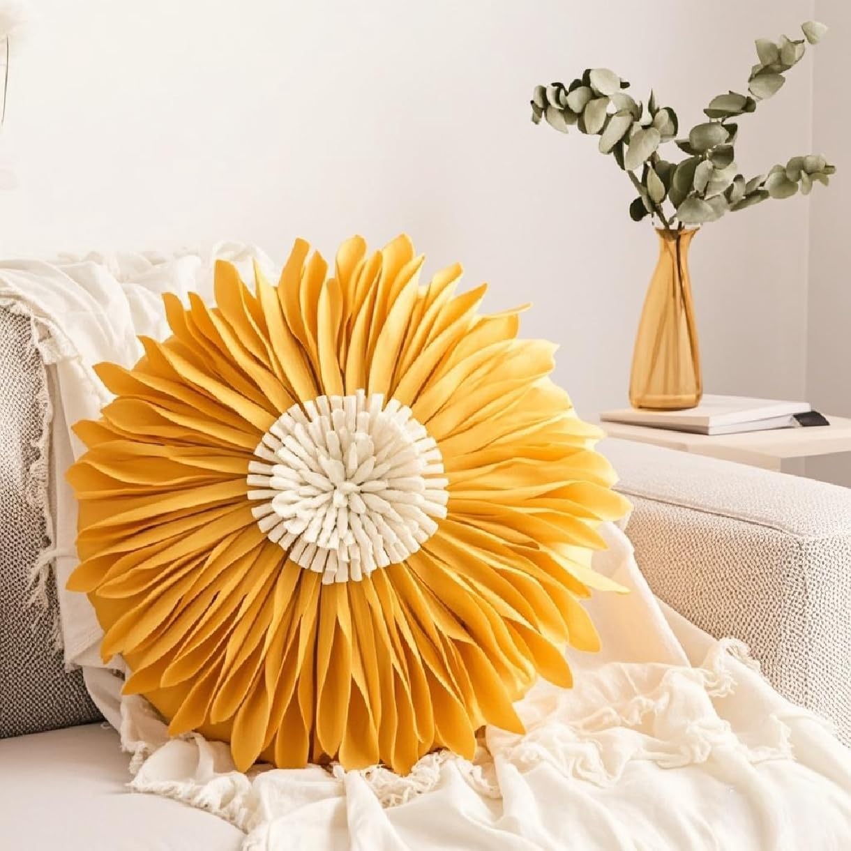 WAIUYIA Flower Shaped Throw Pillow, Soft Round Flower Cushion, Handmade Decorative Plush Petal Pillow for Bed Sofa Car Couch (Yellow,17.7 inch)