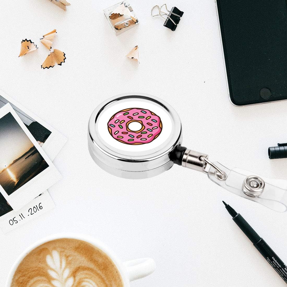 Andaz Press Retractable Badge Reel Holder with Clip, Heavy Duty Metal Name Tag Retractable ID Key Belt Clip Pink Sprinkles Donut, Cute Elegant Funny Work Gift