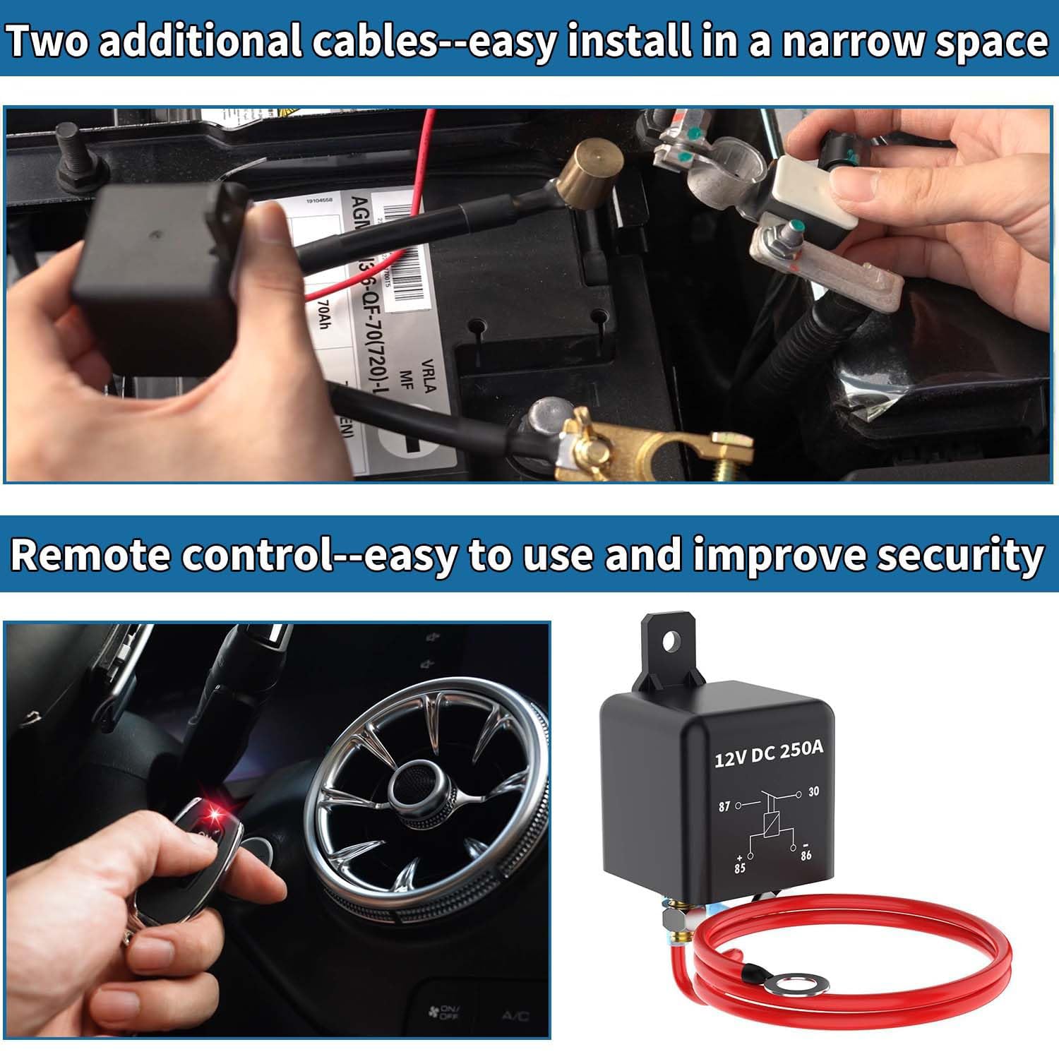 Remote Battery Kill Switch Kit, 250A DC 12V Top Post
