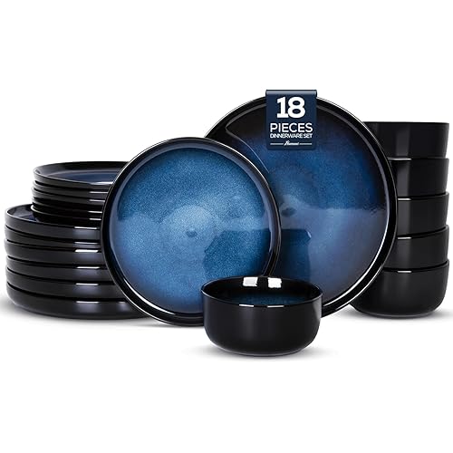 Romswi Ceramic 18Pcs Dinnerware Sets,Stoneware Plates and Bowls Set for 6, Chip & Scratch Resistant Dish Set, Handmade Reactive Glaze, Oven, Microwave & Dishwasher Safe, Dreamy Moonlight-Blue