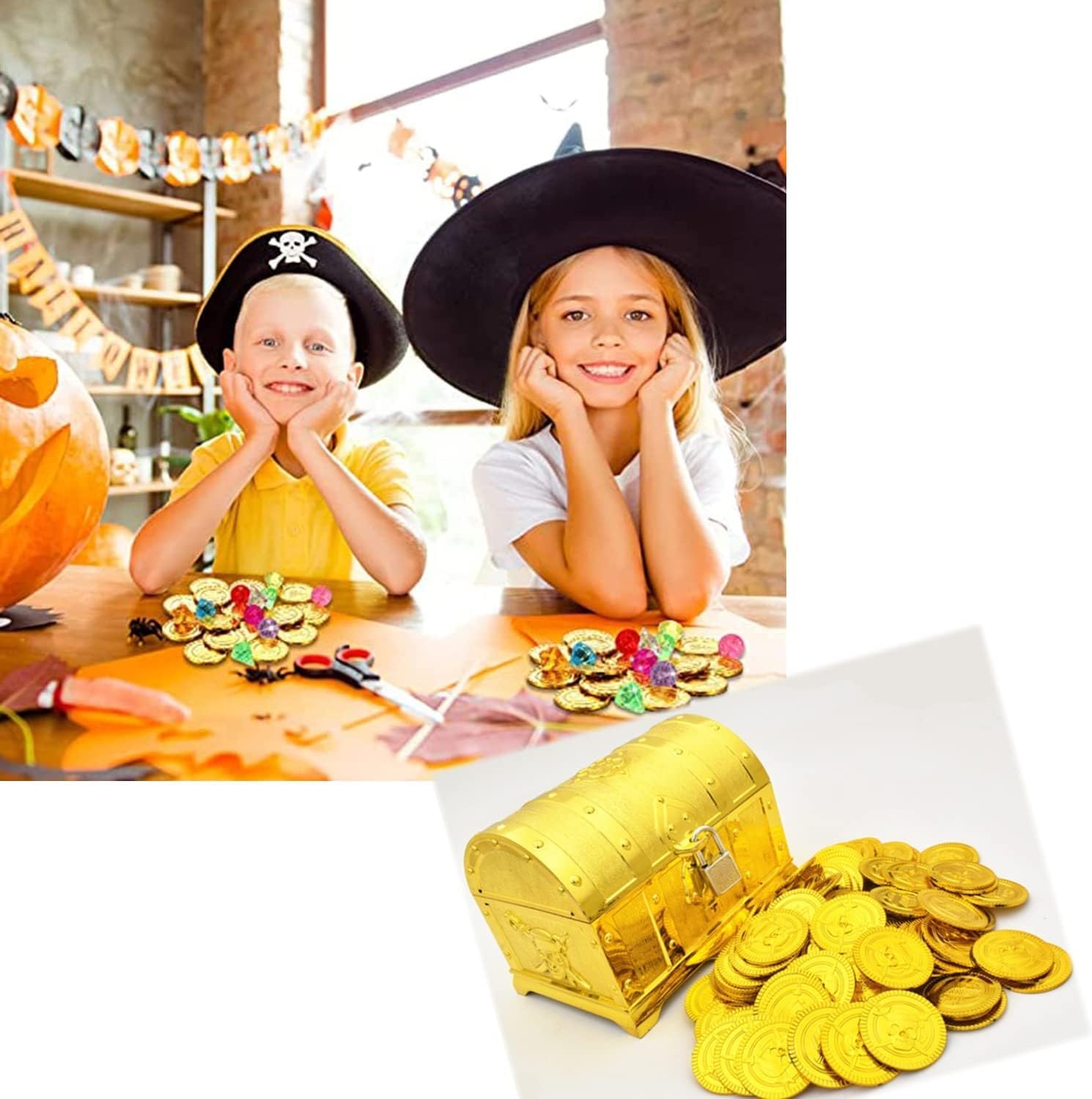 JZK 100 x Monete d'Argento e d'oro in plastica finte Monete Pirata Caccia al Tesoro Giocattoli per Bambini Festa bomboniere Feste per Halloween/Natale/Festa di Compleanno per Bambini