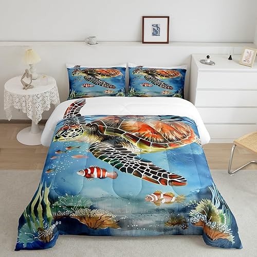 Miniatura 40 de Erosebridal Juego de edredón de ballena náutica, tamaño matrimonial, juego de ropa de cama retro azul con ondas oceánicas para niños y niñas, Negro