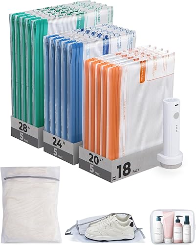 Miniatura 1 de BAGSMART Bolsas de almacenamiento al vacío para viajes con bomba de aire recargable, paquete de 18 bolsas portátiles ahorradoras de espacio para