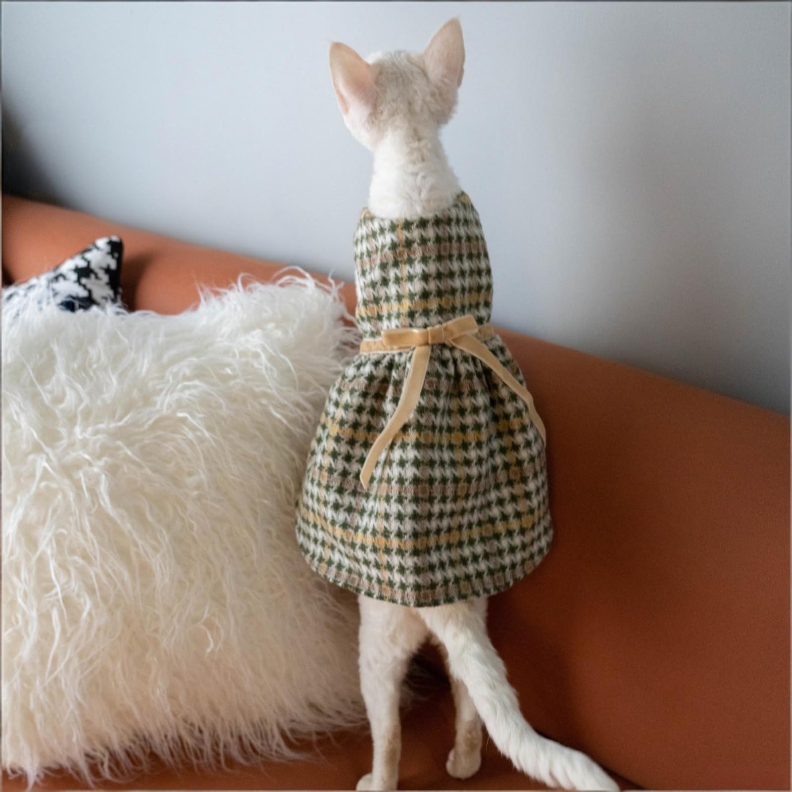 OMEM Vestido de gato de pata de gallo con lazo, ropa de gato con forro de algodón suave para gatos sin pelo Sphynx, elegante traje de invierno para gatos pequeños a grandes, M a XXXL (XL+)