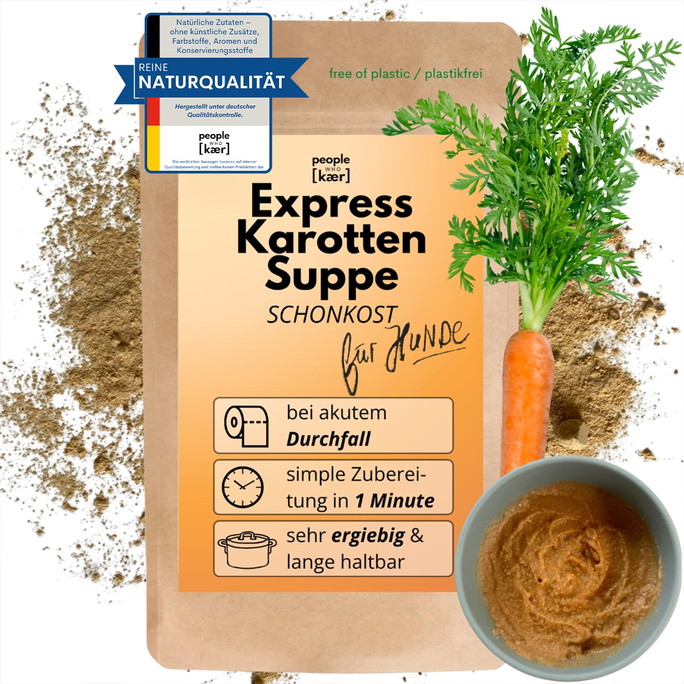 People who Kaer Morosche Karottensuppe 200g, hohe Ergiebigkeit Dank Pulver-Form, Präbiotika Mittel zur Unterstützung bei Durchfall & Magenproblemen, Karottenpulver mit Karottentrester, für Hunde