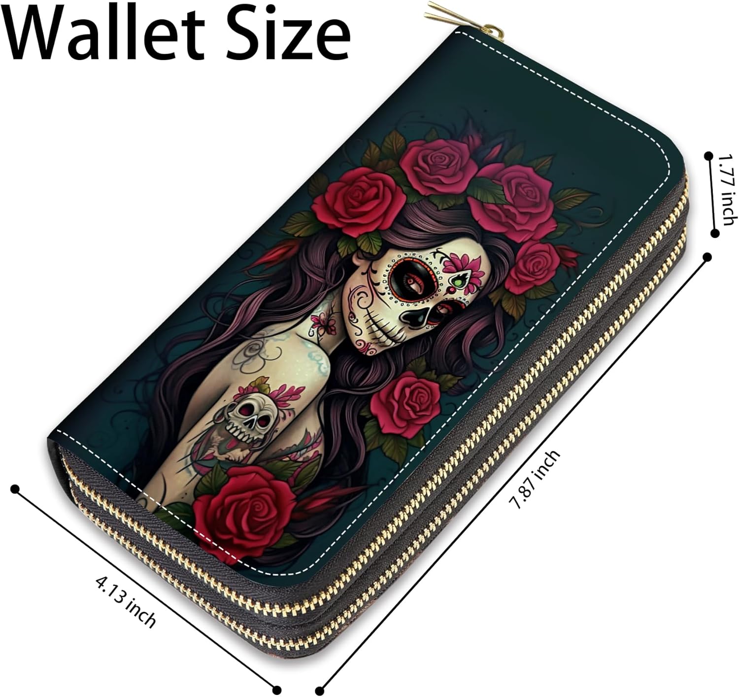 Sugar Skull Girl Roses Print Wallet for Women with Credit Card Holder Coin Money Clip PU Leather Double Zip Around Clutch Wallet - Image 2