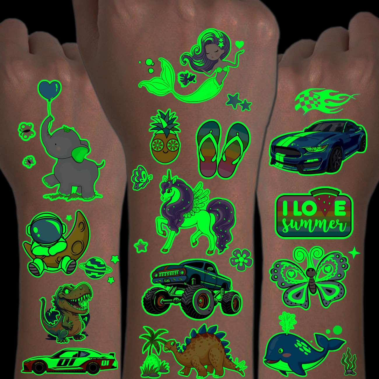 CHARLENT Glow in the Dark Tattoos for Kids,300 Mixed Styles (36 Sheets)