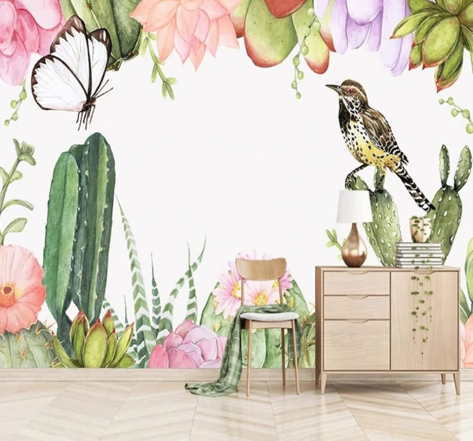 Fresh Minimalist Cactus Birds and Flowers Butterflies 3D Wallpaper Easy Install Feature Office Living Room Sofa Bedroom TV Background Wall Decoration-430cm×300cm