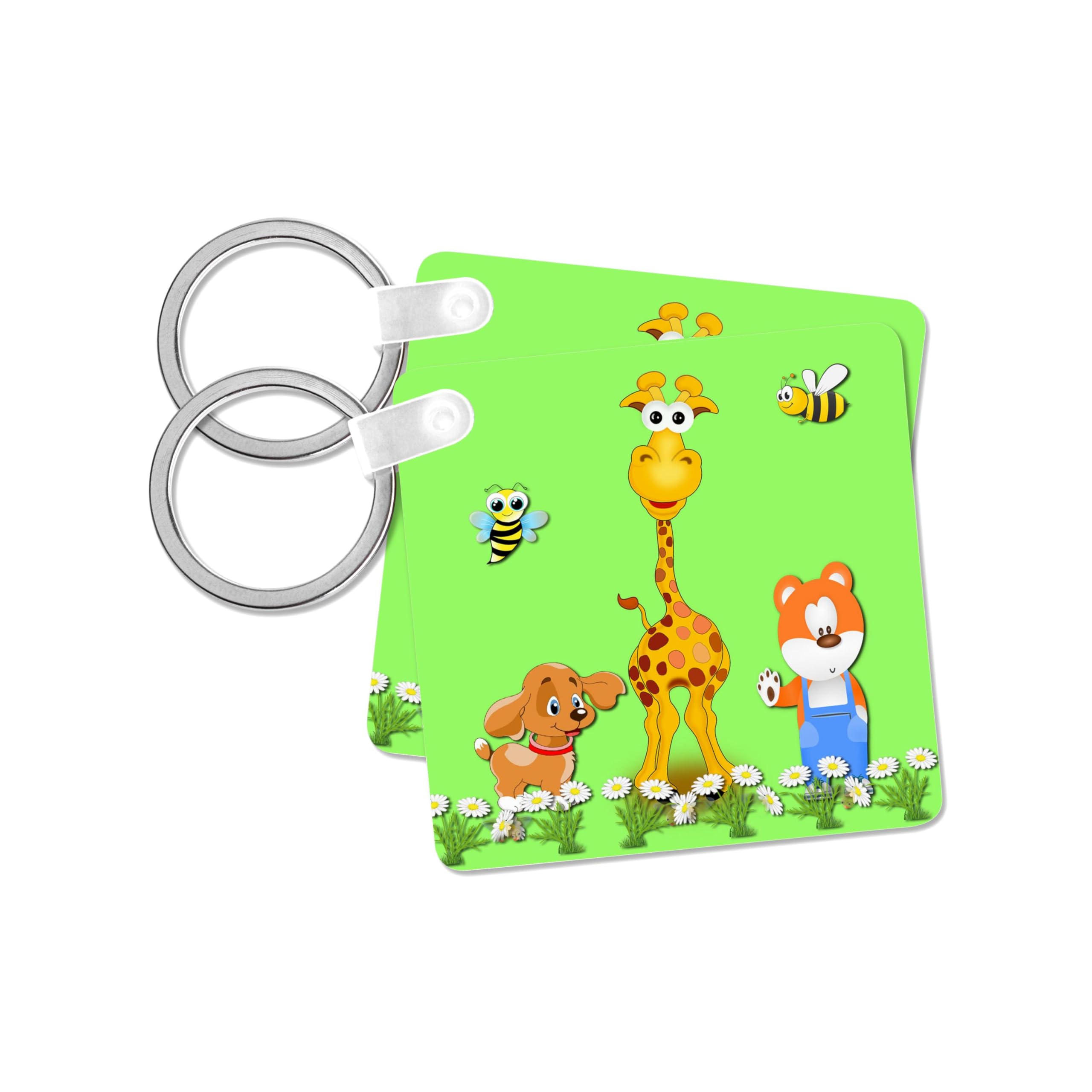 3dRose, Doggy, Giraffe, Teddy Bear. Kids décor. Cute composition. Bright green., set of 2 Key Chains