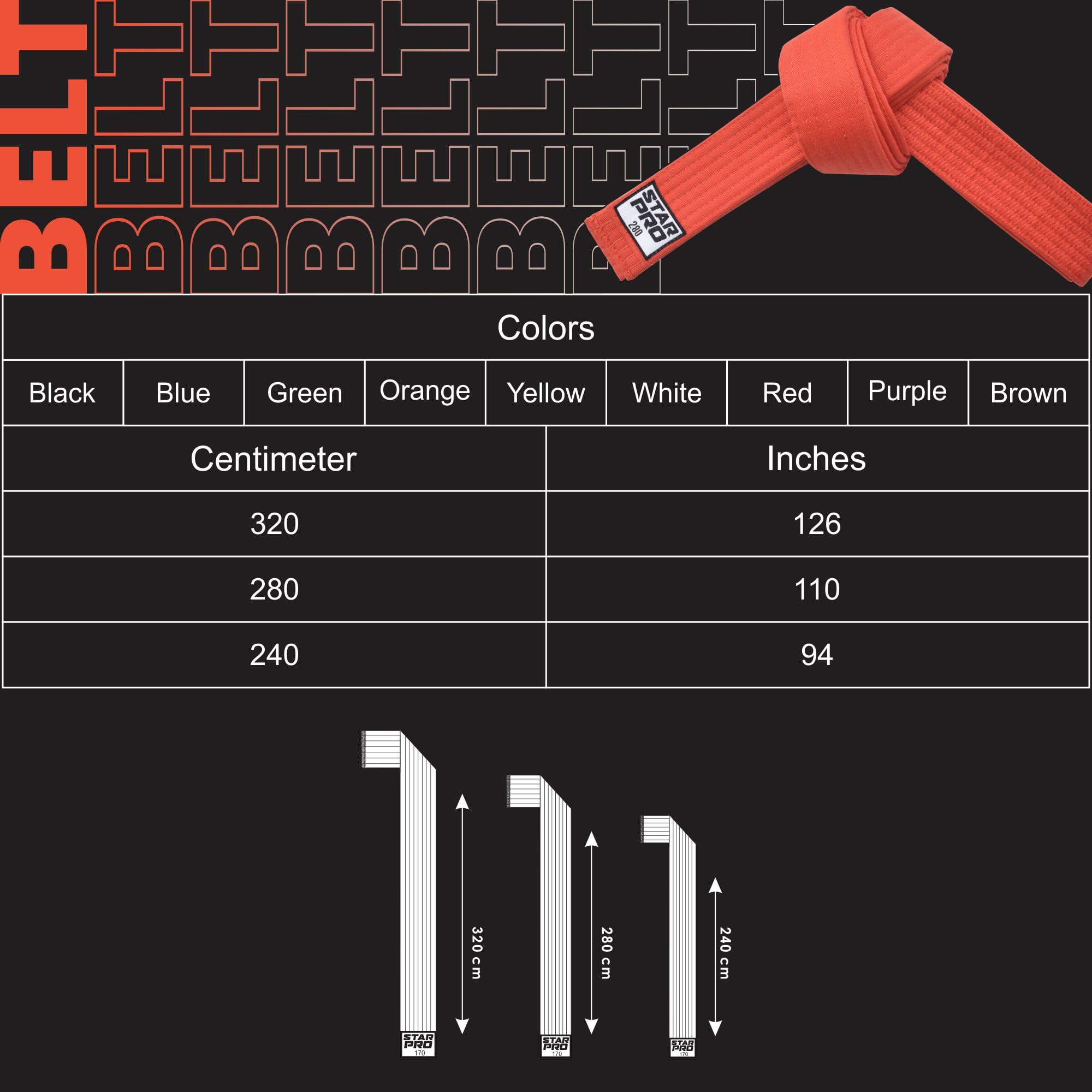 Starpro Martial Arts Grading Belt - 7 Stich Baumwolle - 9 Farben - Leichtes Design für Karate Judo Taekwondo Training und Wettkampf - 240cm 280cm 320cm