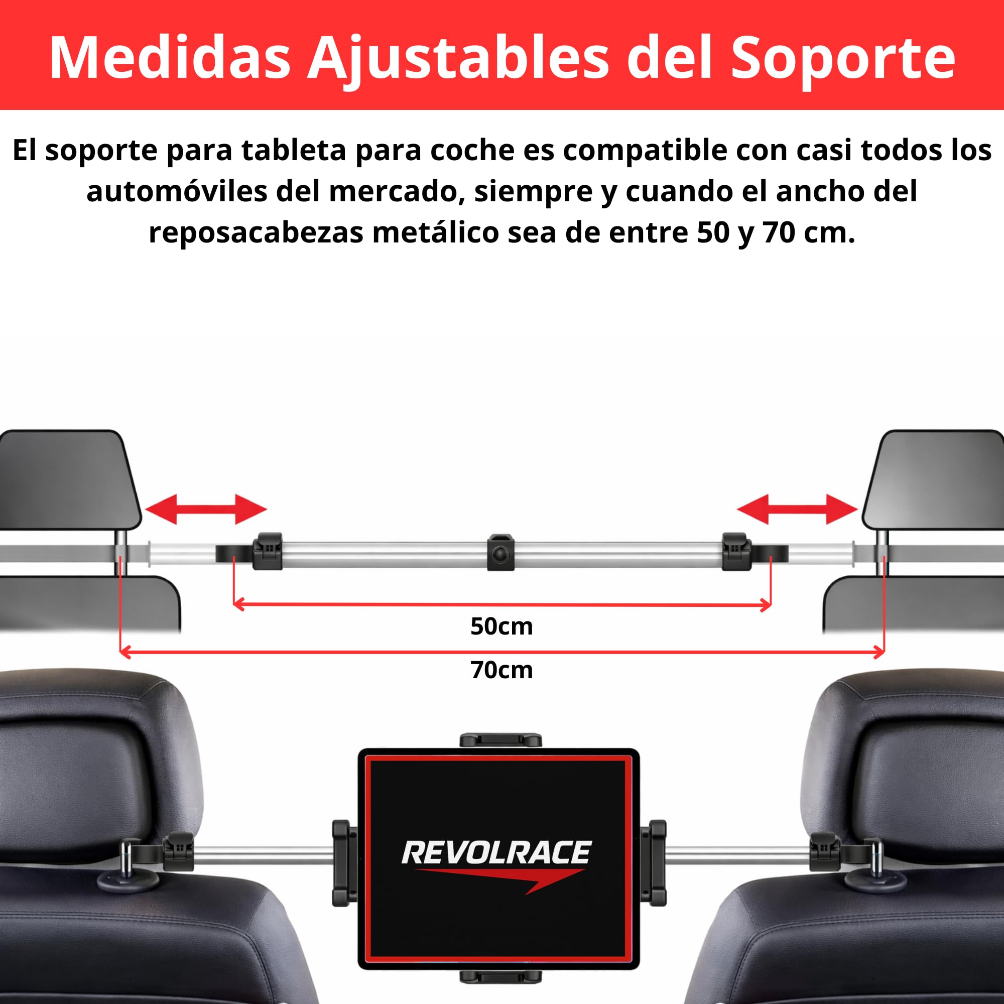 Soporte Tablet Coche Entre Dos Reposacabezas, Ultra Estable y Ajustable 360º, Compatible iPad 4.7-14", Ideal para Viajes en Asiento Trasero. Incluye Cable USB-c