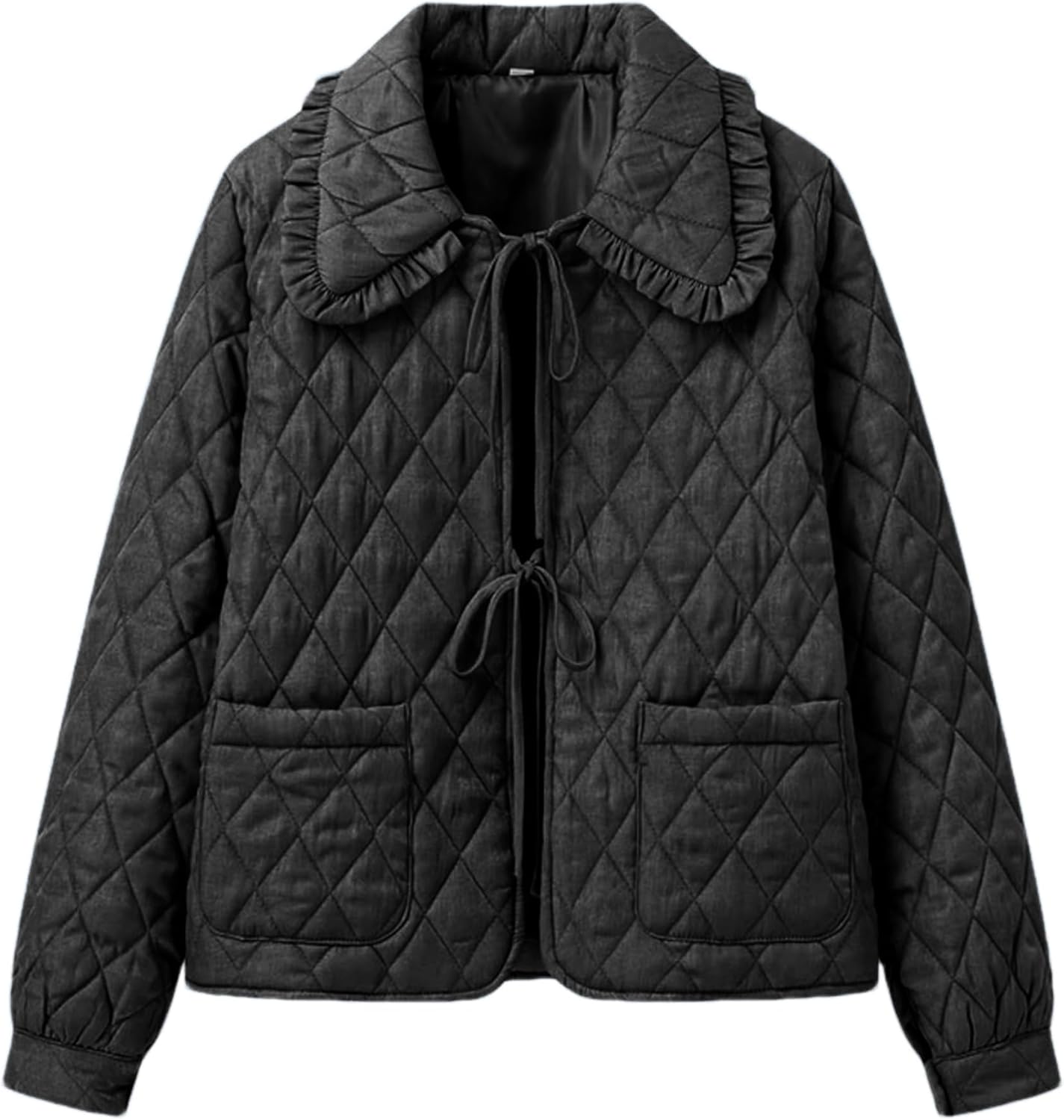 Women's Quilted Lightweight Jackets Long Sleeve Winter Cropped Cotton Padded Coat Jacket Bow Tie Puffy Outwear