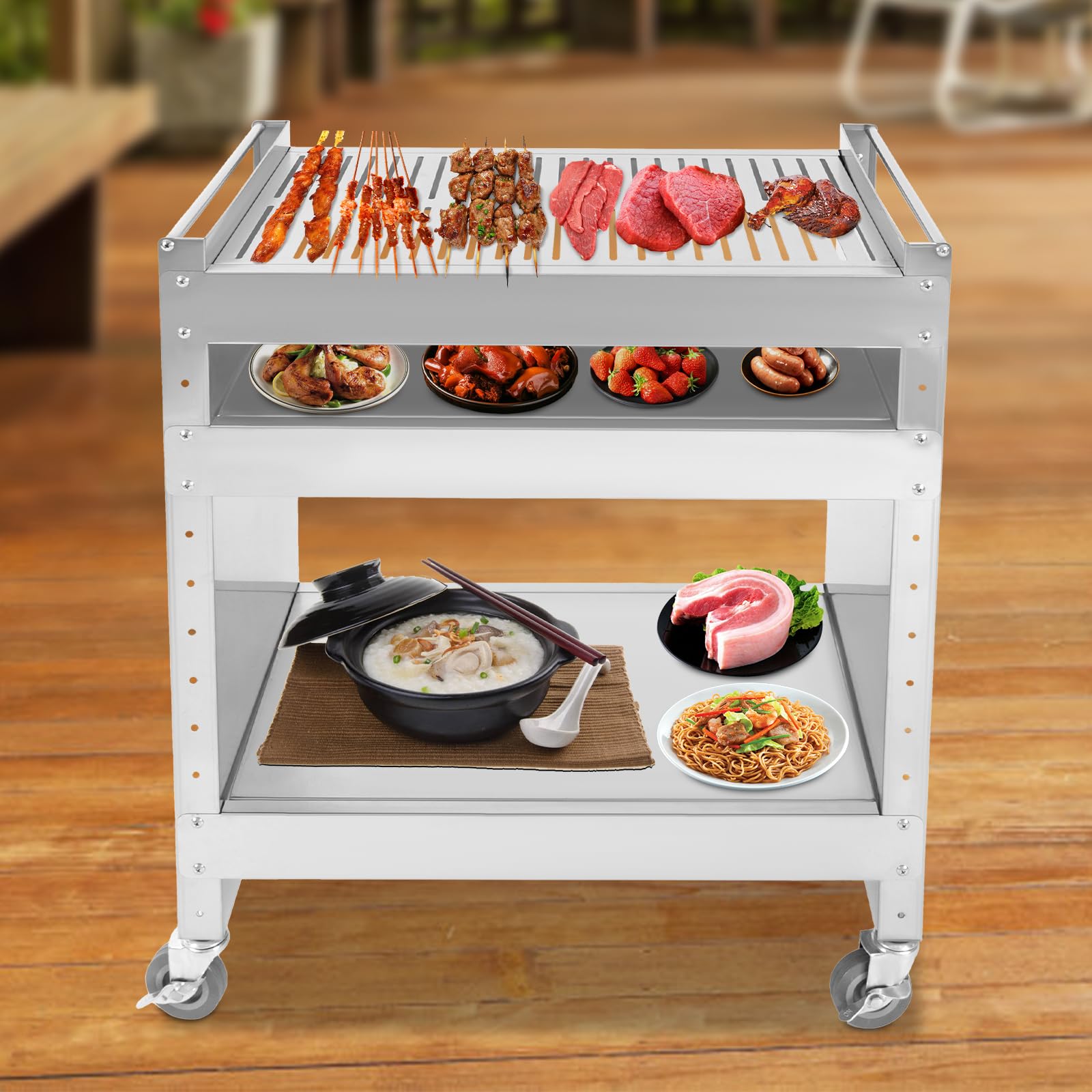 3-poziomowy grill na kółkach ze stali nierdzewnej, wózek kuchenny z kółkami i regulowaną półką, metalowy grill stojący, na kemping, piknik