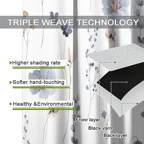 Miniatura 7 de Cortinas florales de acuarela, flores abstractas azules y beige, ramas, hojas, fondo impreso, mangas para barra, cortinas de ventana para sala de