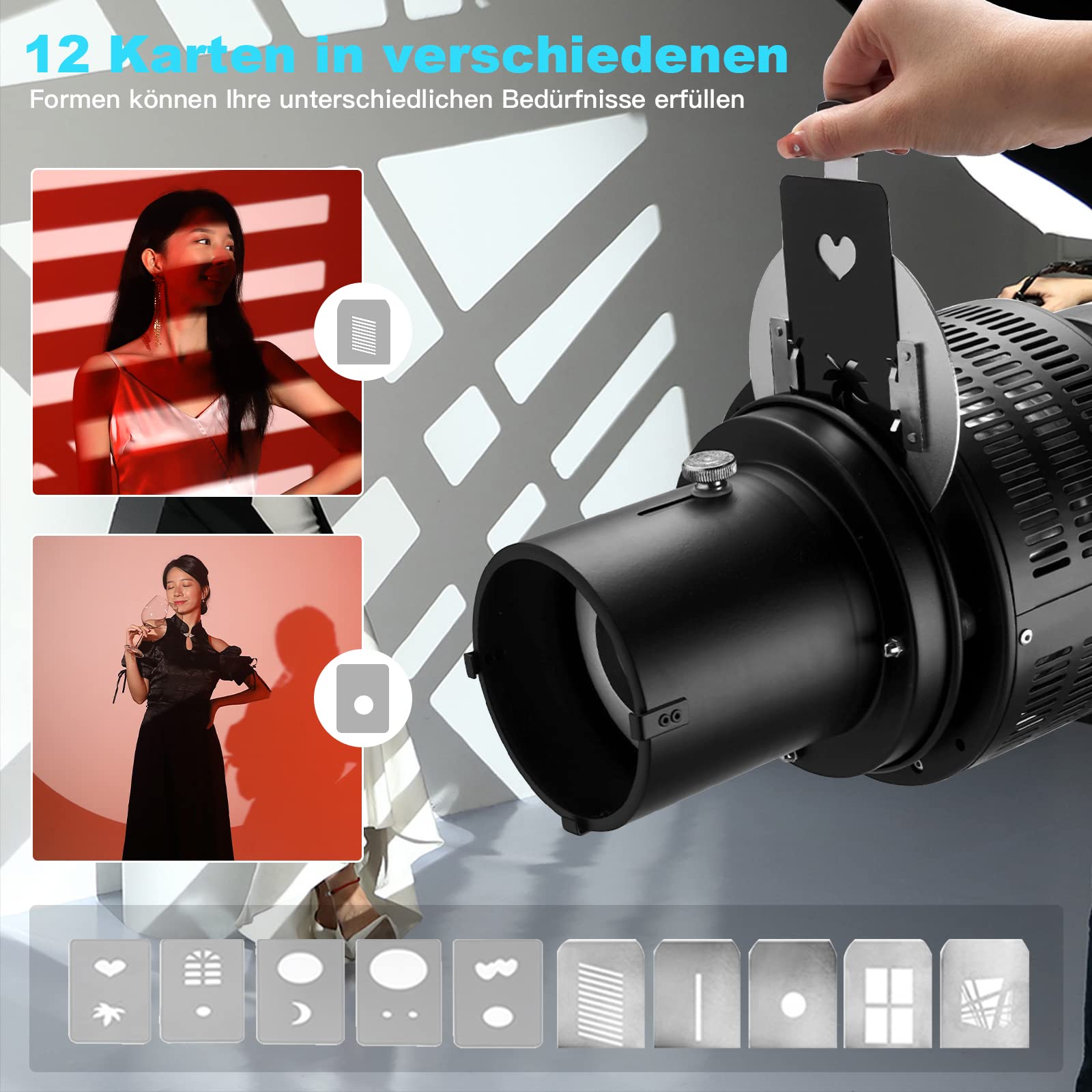 Soonpho Snoot ottico conico con supporto Bowens per fotografia, in lega di alluminio, proiettore GOBO, sensore ottico con 5 filtri e 10 gobos per monolight LED Spotlight