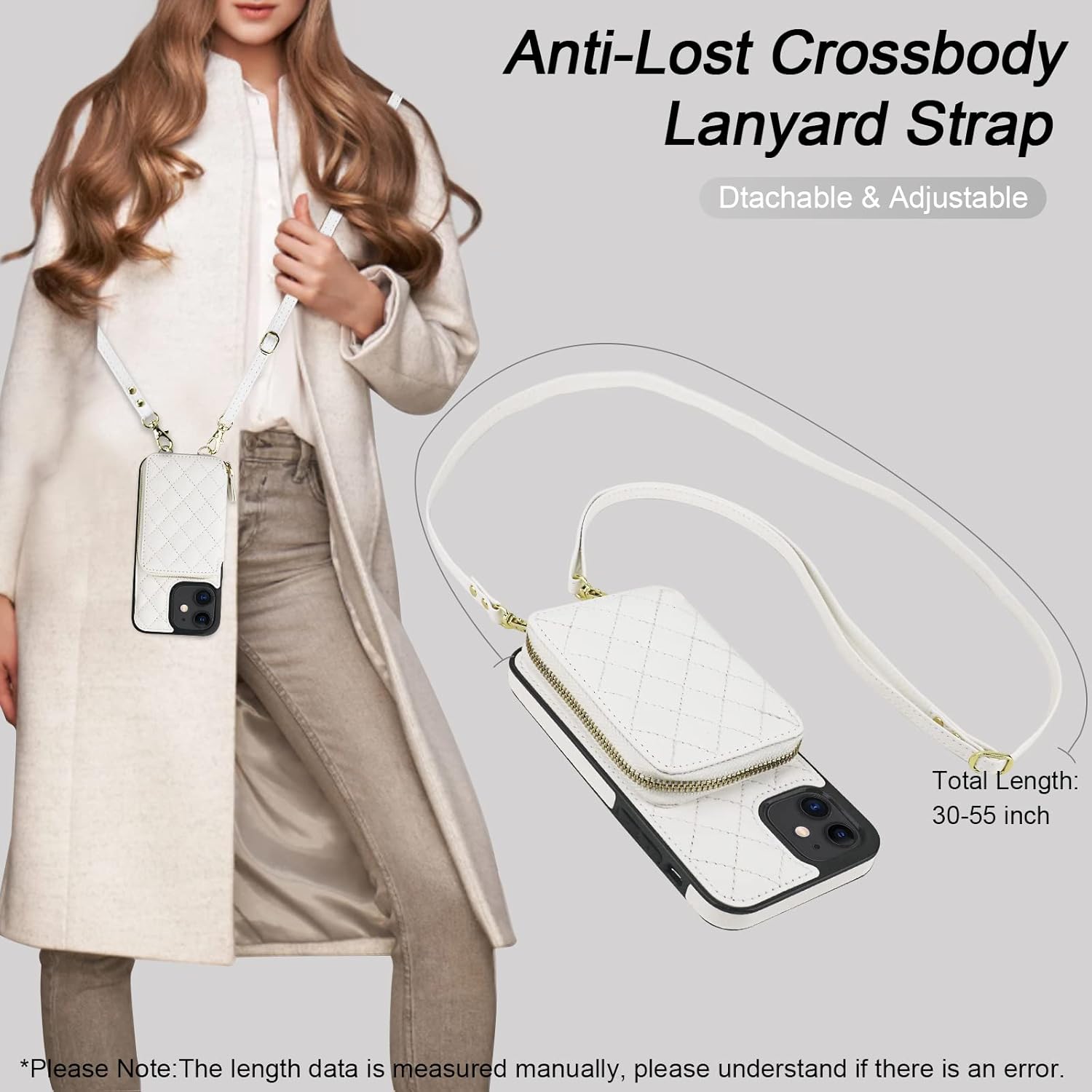 Bocasal Crossbody Wallet Case for iPhone 12/12 Pro, RFID Blocking PU Leather Zipper Handbag Purse Flip Cover, Kickstand Folio Case with Card Slots Holder Wrist Strap Lanyard 5G 6.1 Inch (White)