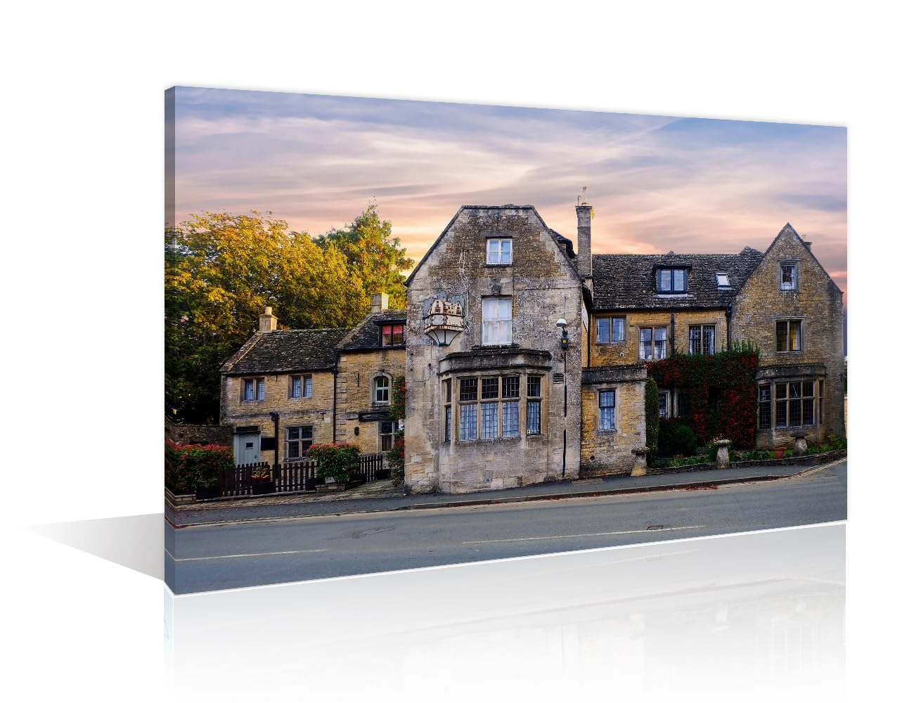 TISHIRON 1 Panel Old House Style in Bourbon on the Water Village Cotswolds UK Wall Decor for Living Room, Bedroom, Bathroom, Office. Posters and Prints Stretched and Framed Ready to Hang (12" Wx18 H) โ image 1