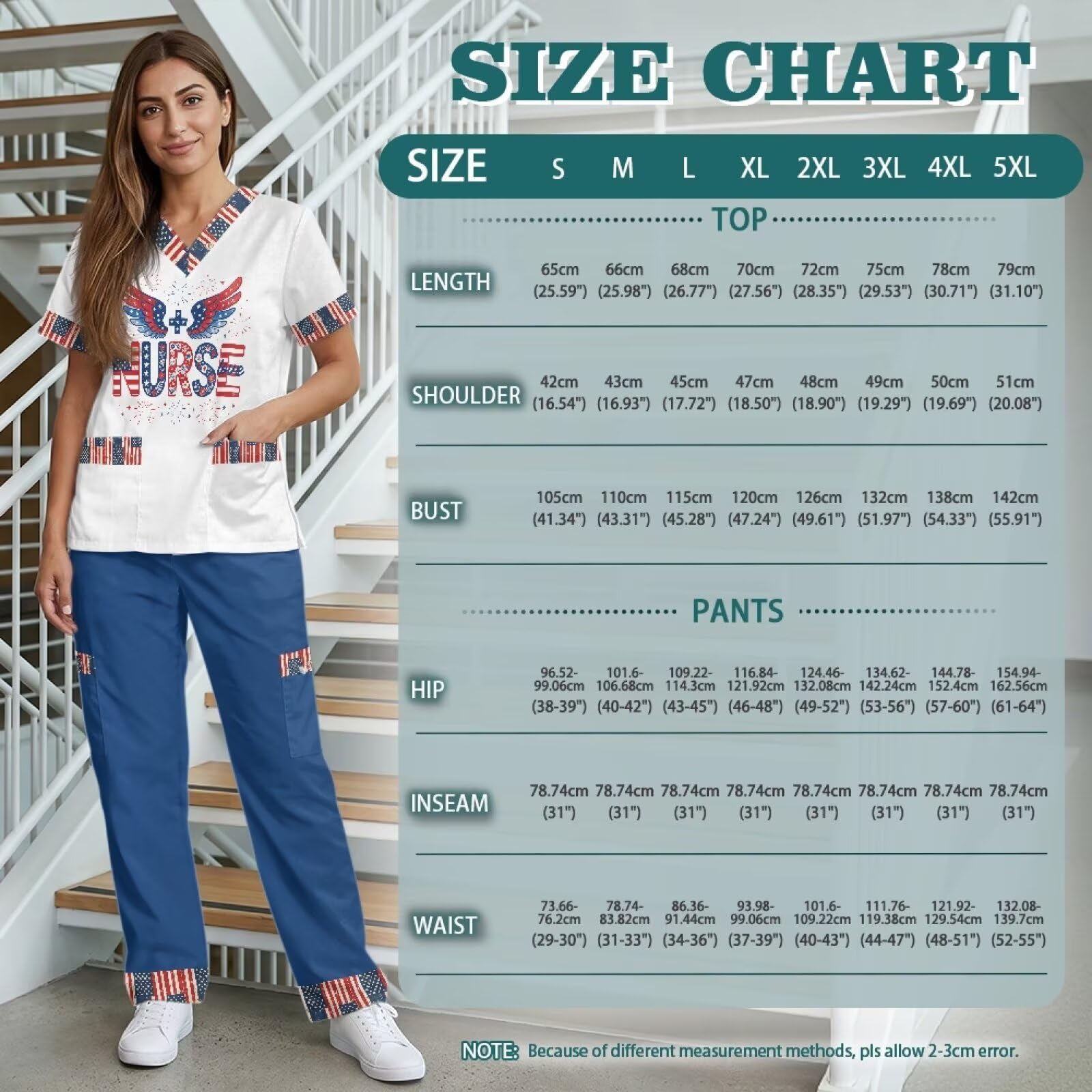 Set di scrub da donna con bandiera americana, vestibilità aderente, facile da pulire, scrub medico per donne, veterinari, tecnici e personale pediatrico