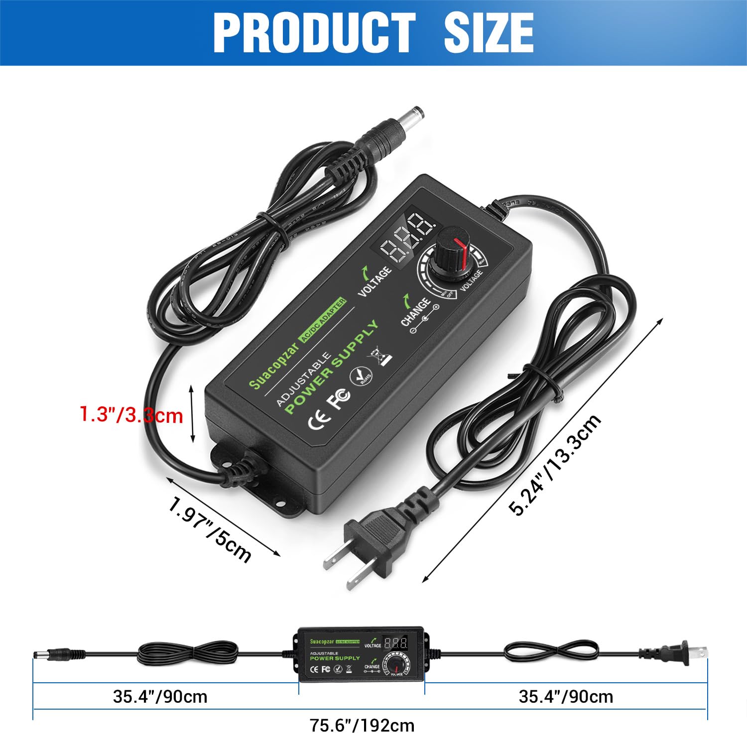 Fuente de alimentación ajustable de 60 W CC 3 V ~ 12 V 5 A, adaptador CA/CC de conmutación universal variable con pantalla LED, convertidor de CA a CC de 100 V-240 V con 5,5 x 2,1 mm y 5,5 x 2,5 mm,