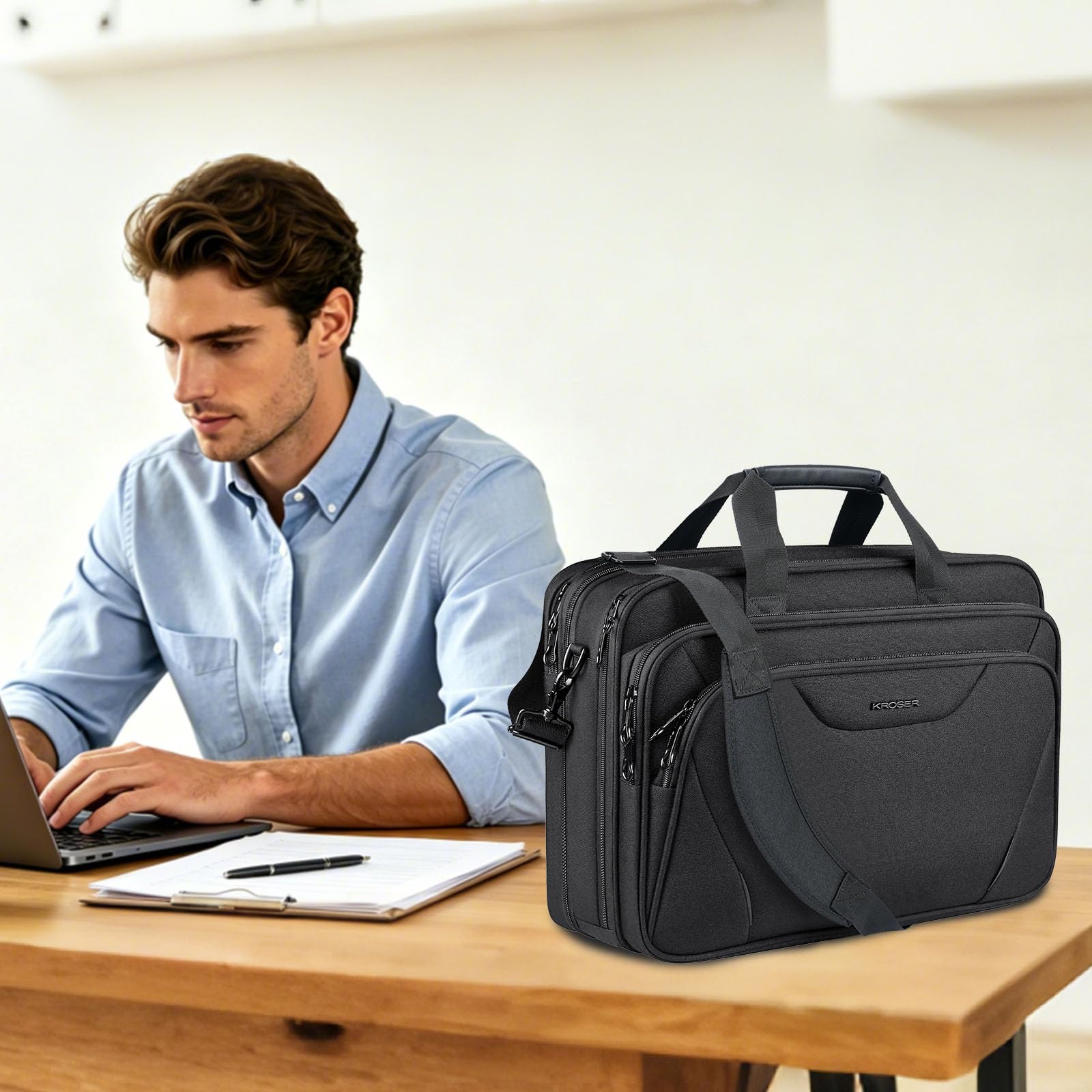 KROSER 18 Zoll Handtasche, Laptoptasche bis 17,3 Zoll, wasserdicht, dehnbar, Dokumententasche mit Schultergurt, für Reisen/Geschäft/Schule/Herren/Damen, Laptop Bag