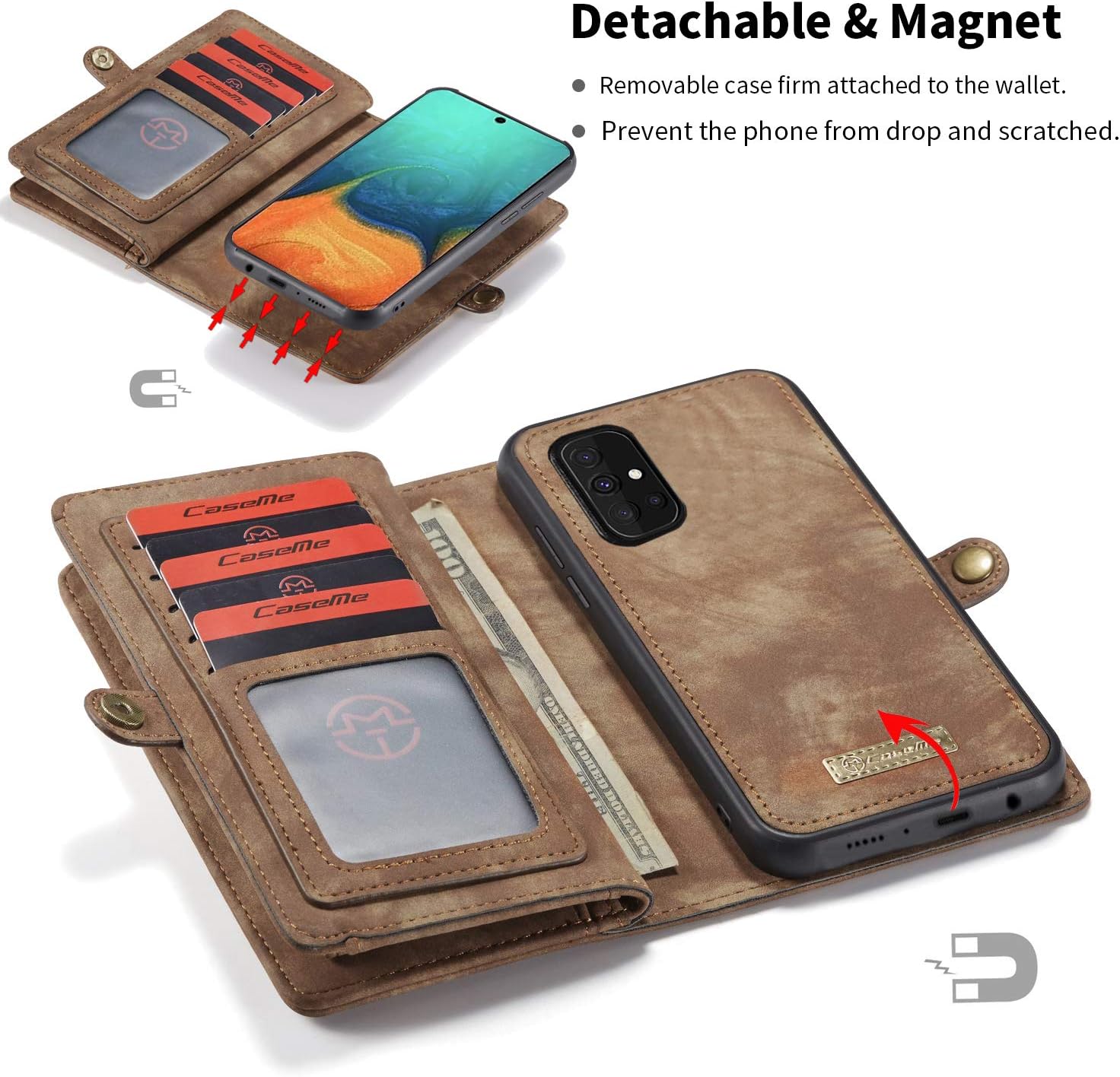 Simicoo Samsung A71 4G Wallet Leather Case Detachable Magnetic Zipper Flip Case 11 Card Slots Holder Wrist Strap Handle Shockproof Cover Pocket Wallet Handbag for Samsung A71 4G (Brown)