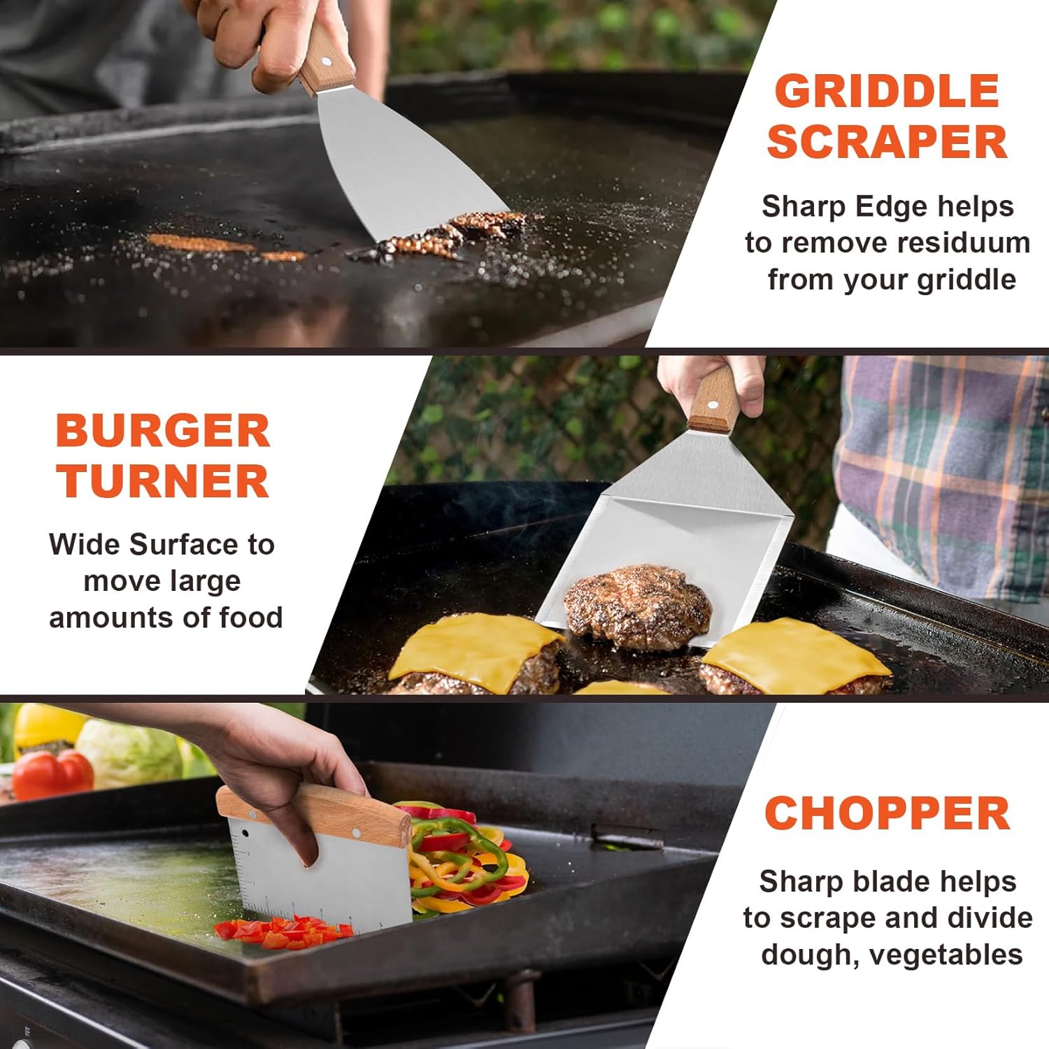 8Pcs Griddle Accessories Kit for Blackstone, Joyfair Flattop Grilling Accessory Tool Set with Stainless Steel burger Spatula Turner, Metal Flipper, For Outdoor BBQ Teppanyaki Hibachi, (Wooden Handles)