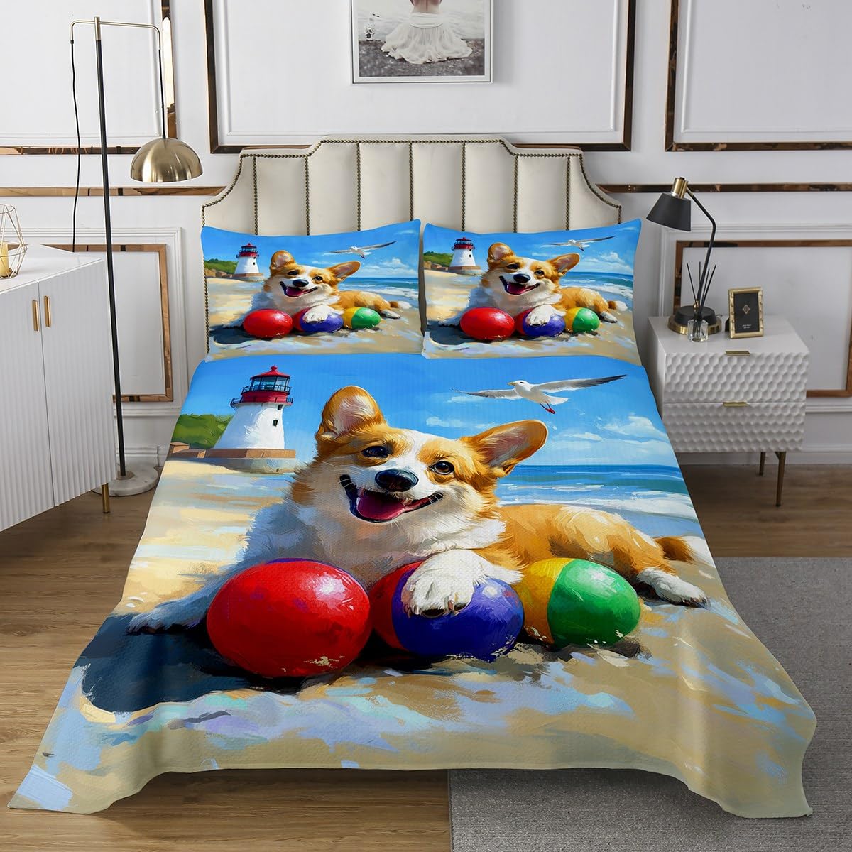 Manfei Cute Corgi Kids Bedspread King Size,Cartoon Puppy Dog Animal Pet Coverlet Set,Boys Girls Room Decor,Nautical Lighthouse Summer Ocean Beach Quilted Coverlet,Brown Bedding Quilt,2 Pillowcases