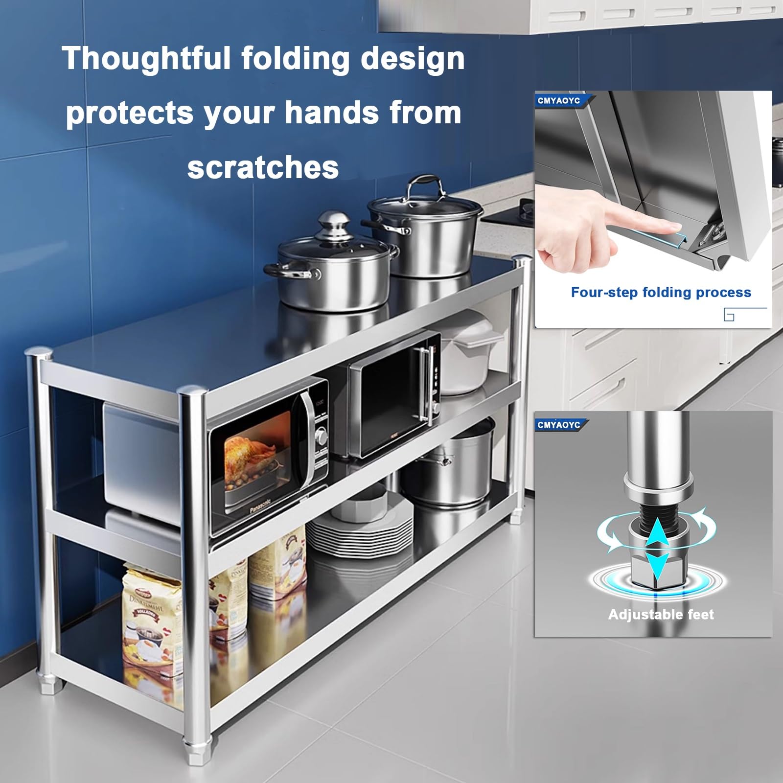 Tavolo da cucina a isola in acciaio inox, a 3 ripiani, con contenitore, tavolino per forno a microonde, per sala da pranzo e preparazione di cibi (120 x 35 x 90 cm)