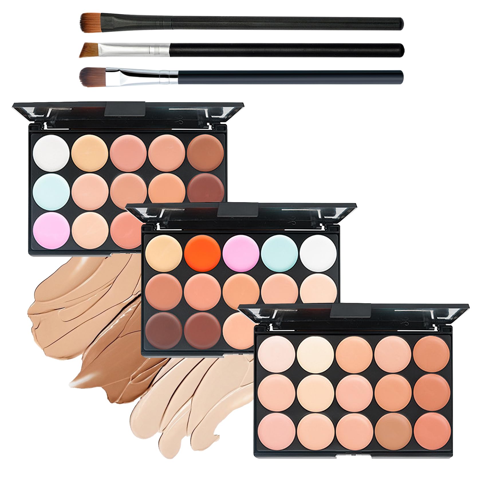 Concealer-Palette, 3-teilig, 15 Farben, mit Pinseln, wasserfeste Farbkorrekturpalette, Concealer-Palette mit vollständiger Abdeckung, Creme