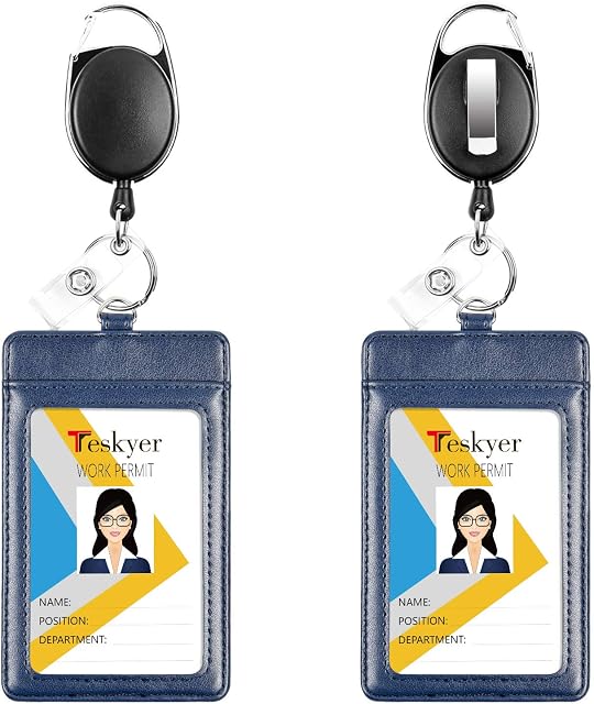Teskyer 2 Pack Vertical Badge Holders, Heavy Duty Retractable Badge Reels, PU Leather ID Card Holders with 2 Card Slots with Carabiner Reel Clip, Blue