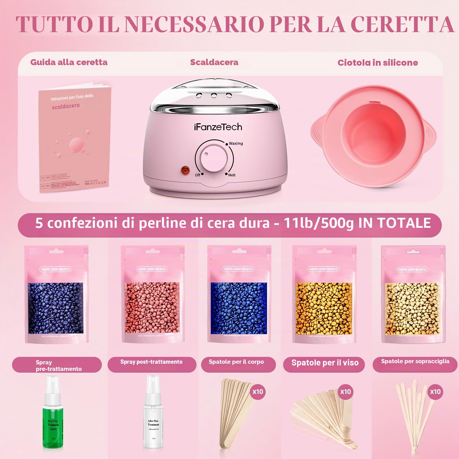 scaldacera kit cera brasiliana ceretta brasiliana: scaldacera 500g Cera, kit completo scalda cera per ceretta per Uomo Donna 30 Spatole Rosa