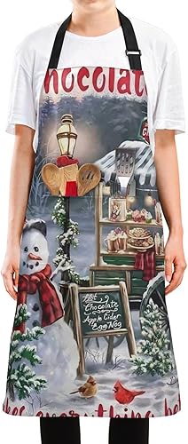 Miniatura 4 de JUNZAN Delantal de cocina de muñeco de nieve de chocolate caliente con bolsillos, delantales de jardinería ligeros, delantales artísticos para