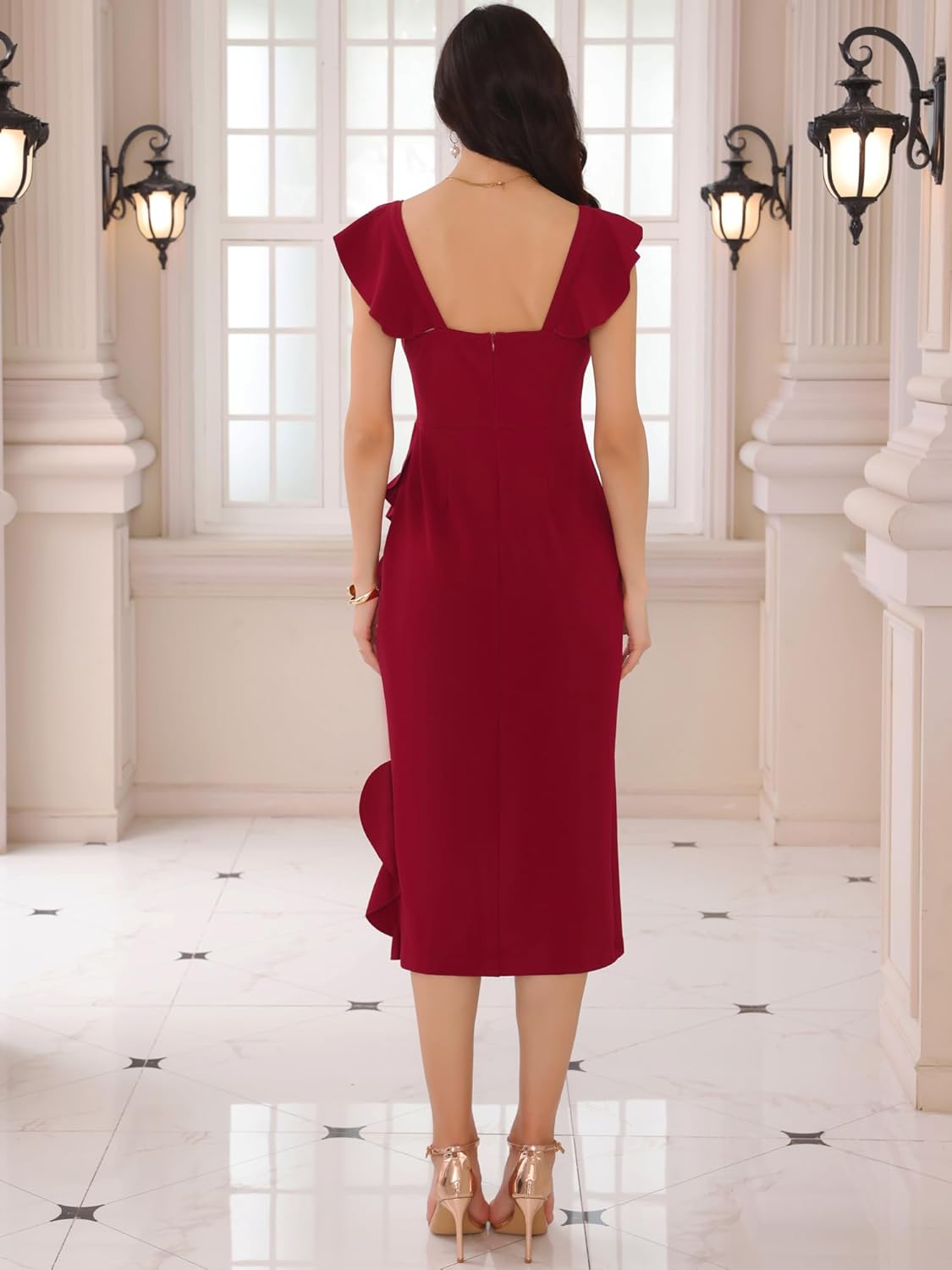 Women's Cocktail Dresses 2025 Sleeveless Square Neck Wedding Guest Ruffle Midi Dress - Image 4