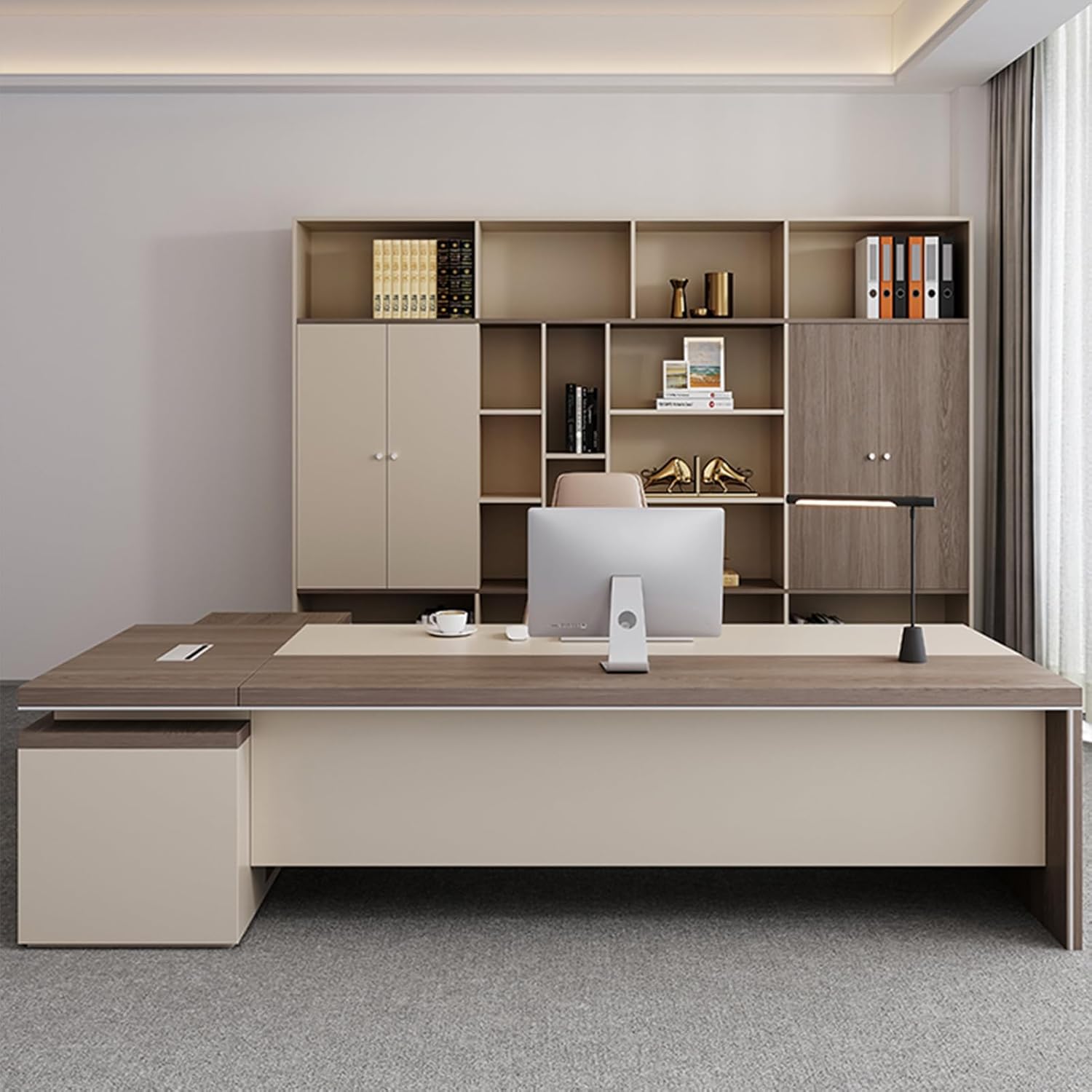 L Shaped Brown Executive Office Desk Computer Desk with Storage Shelves Writing Study Table Business Furniture Set for Home Office