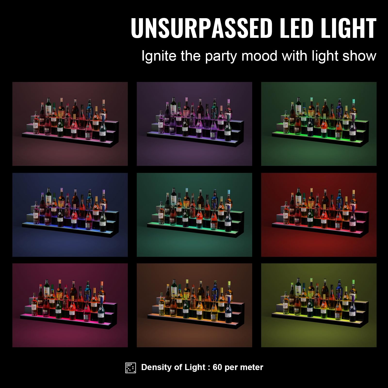 Happybuy LED Lighted Liquor Bottle Display,3 Tiers 48 Inch Commercial Illuminated Home Bar Shelf,3 Steps Whiskey Rack Stand, Acrylic Drink Shelves with RF Remote & App Control, and Multicolor lighting