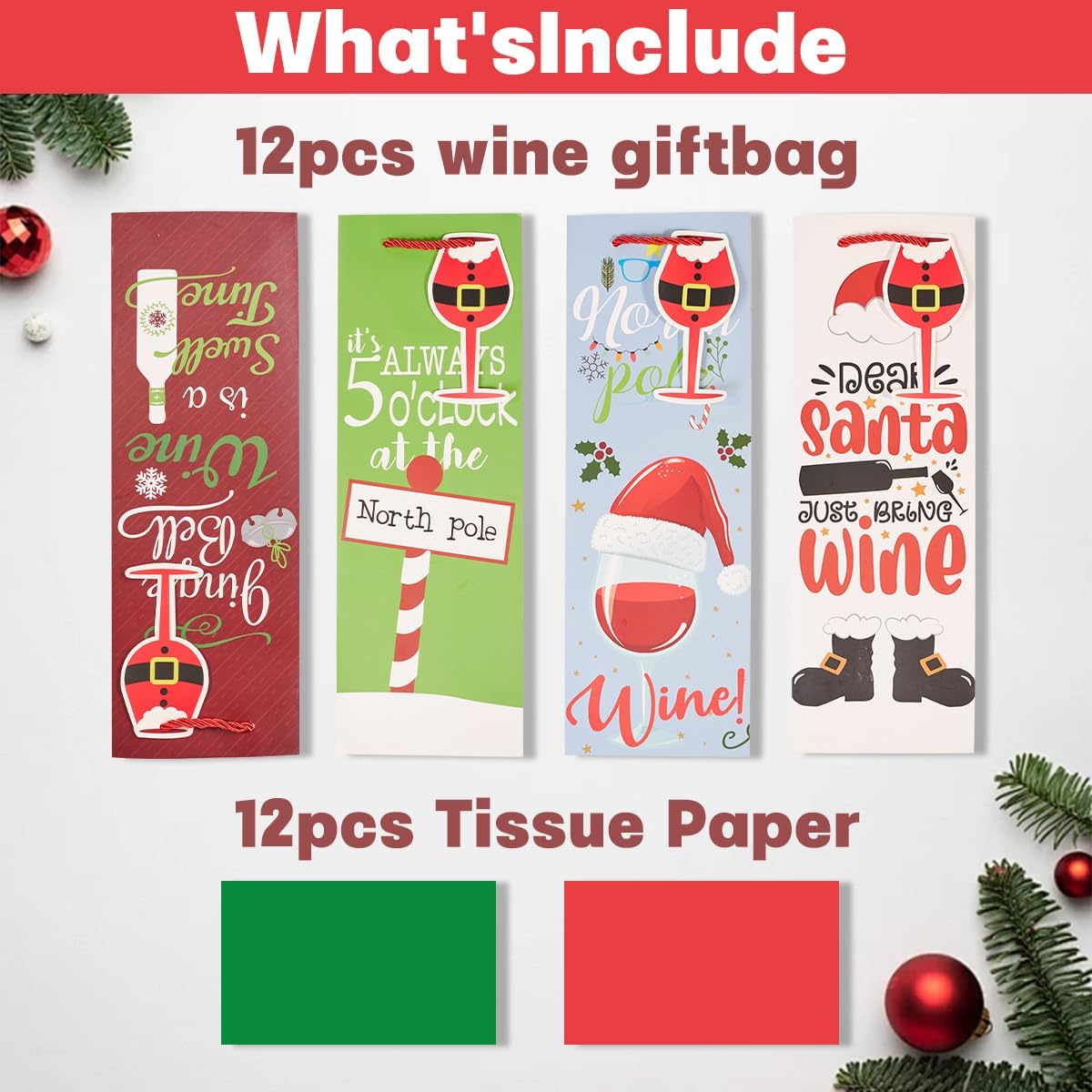 ZJHiome 12 Pack Christmas Bottle Gift Bags with Tissue Paper,13.7" Thick Paper Bottle Bags Bulk for Champagne & Wine Bottles,Reusable Wine Bags for Gift (Multi) - Image 5